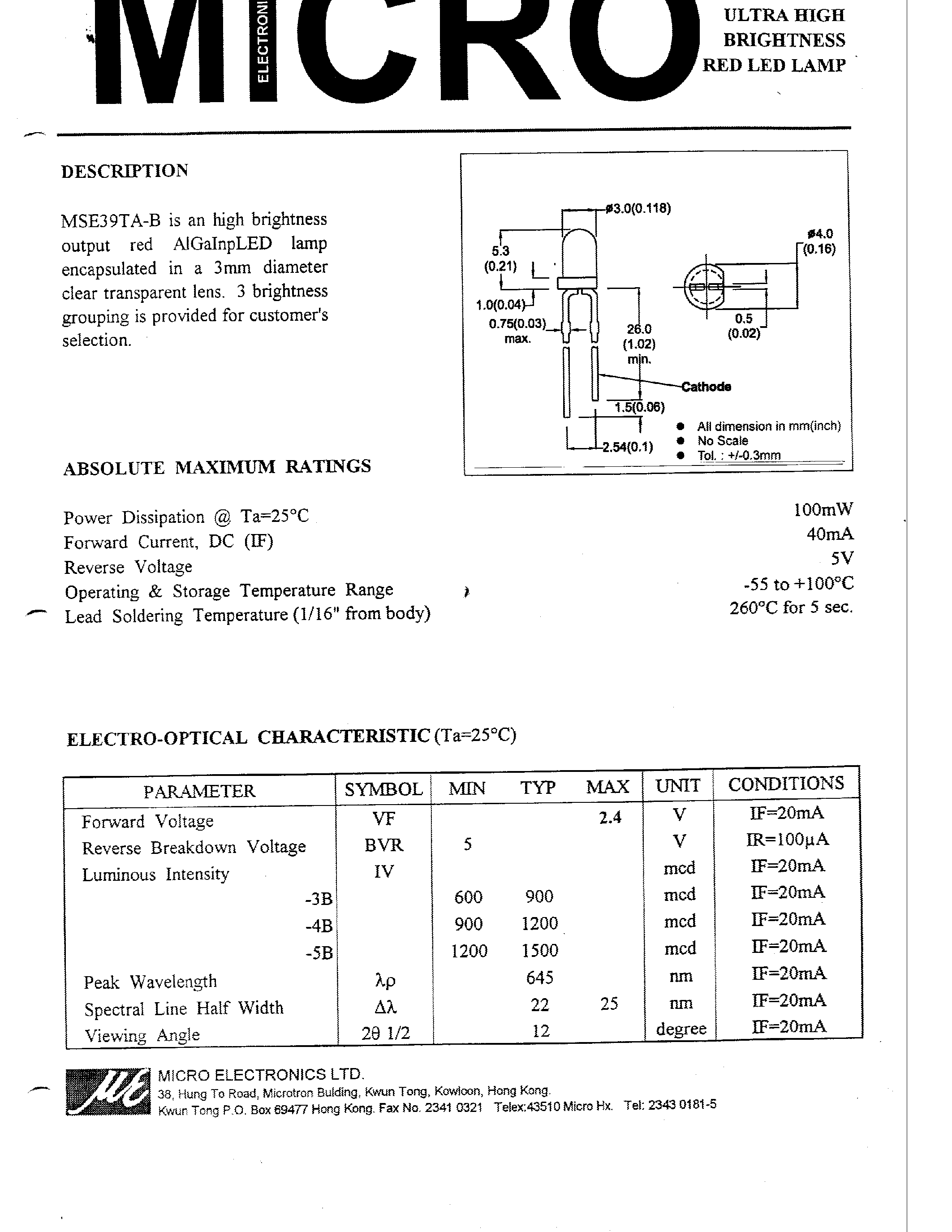 Datasheet MSE39TA-B - ULTRA HIGH BRIGHTNESS RED LED LAMP page 1