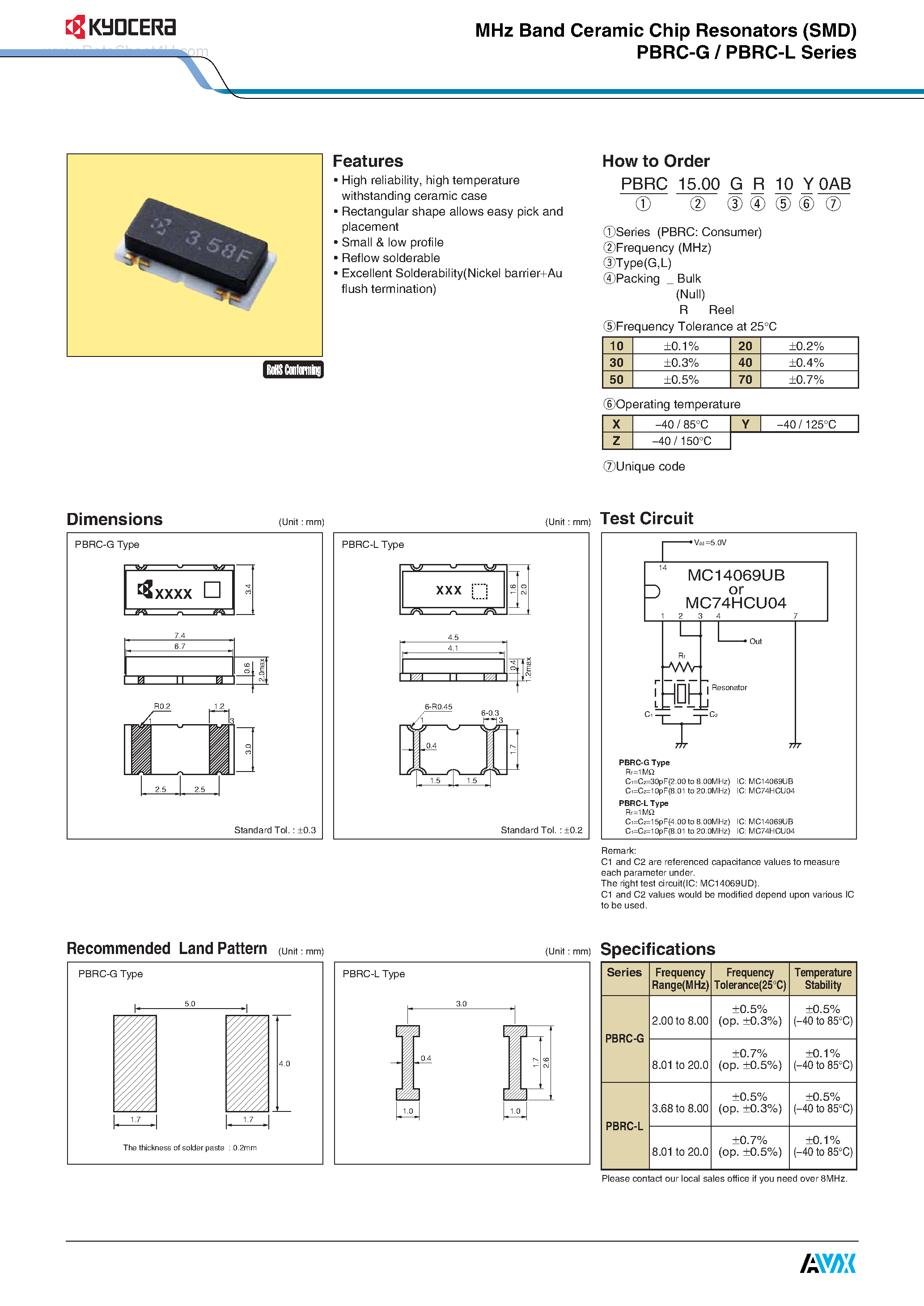 Datasheet PBRC-G - MHz Band Ceramic Chip Resonators page 1