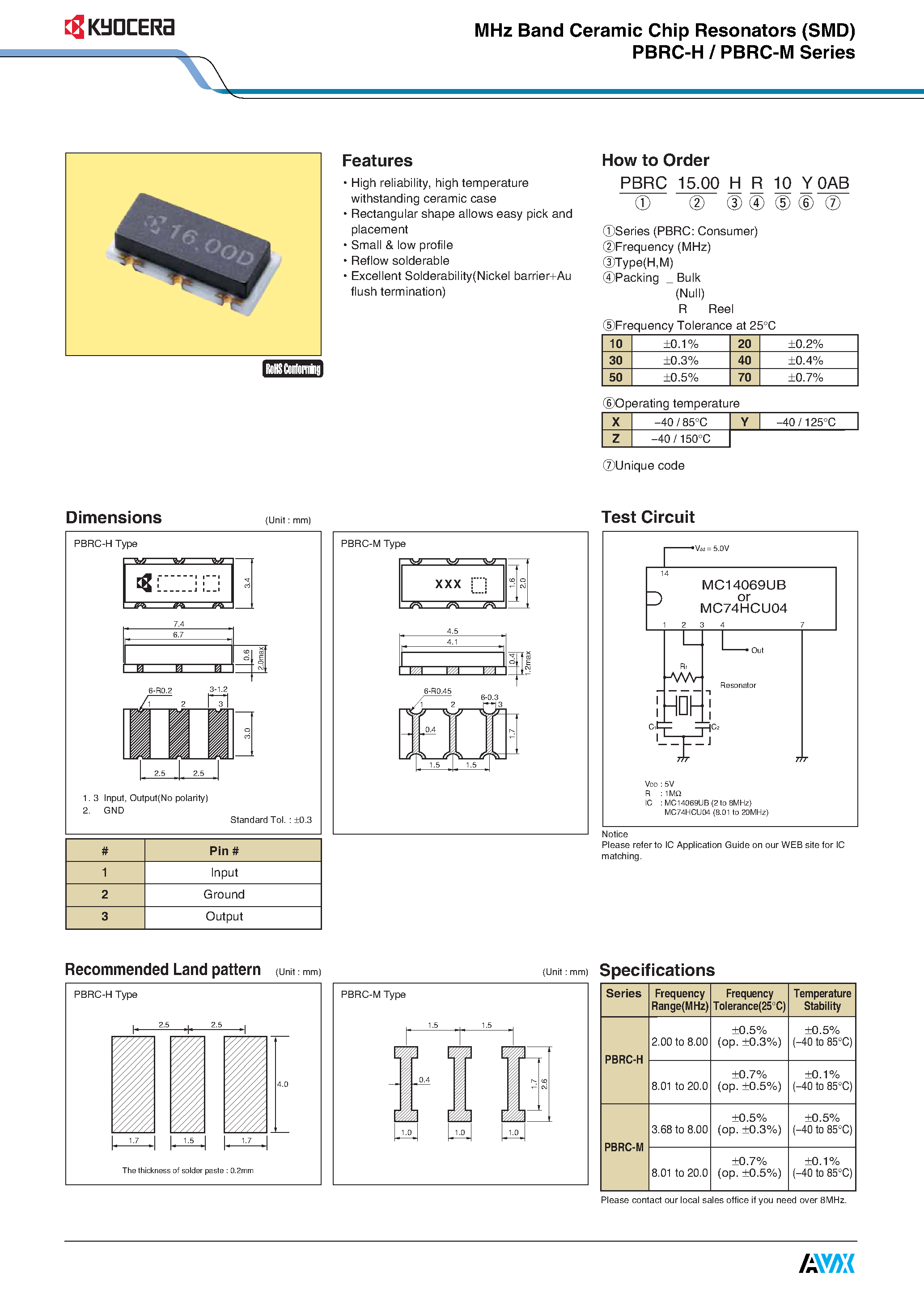 Datasheet PBRC-G - MHz Band Ceramic Chip Resonators page 2