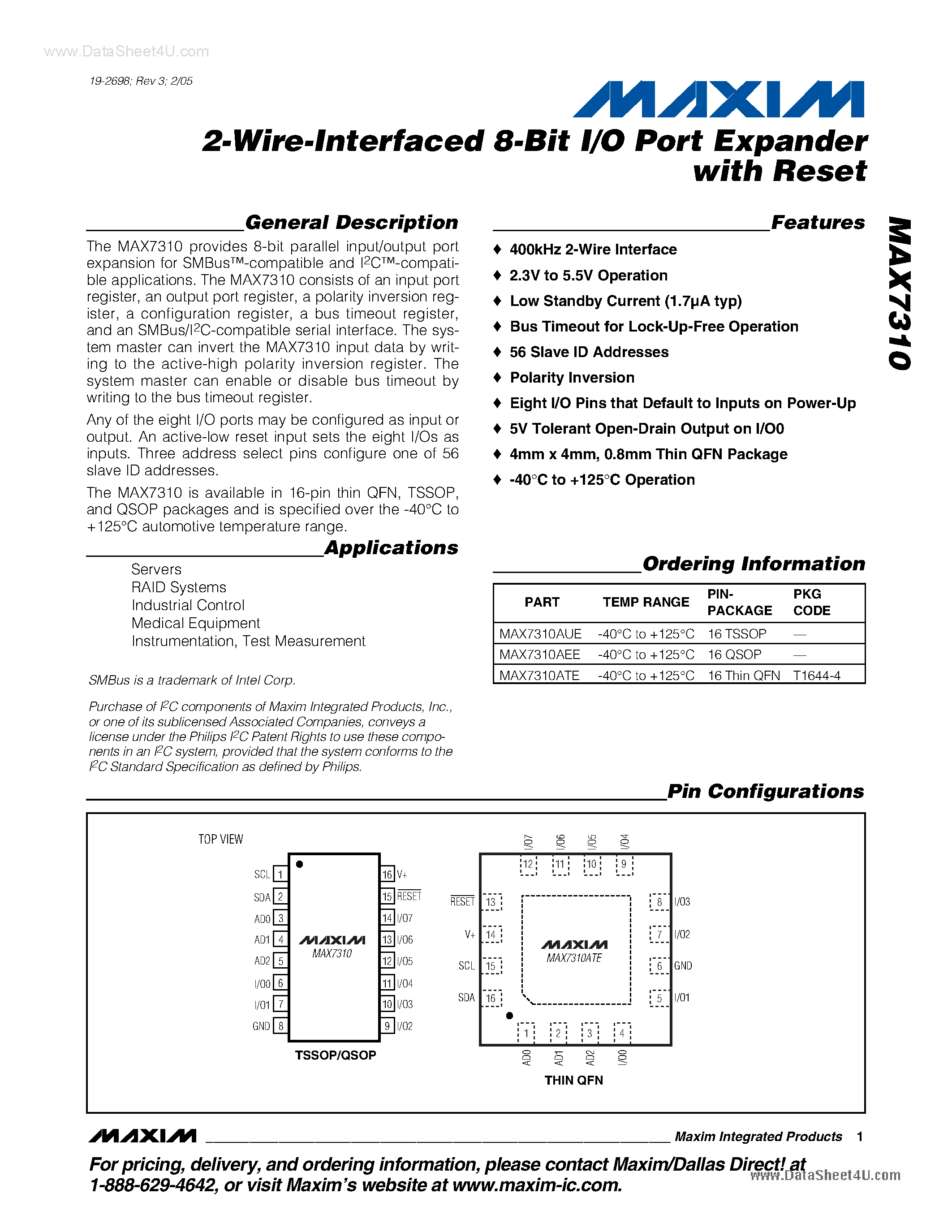 Datasheet MAX7310 - 2-Wire-Interfaced 8-Bit I/O Port Expander page 1