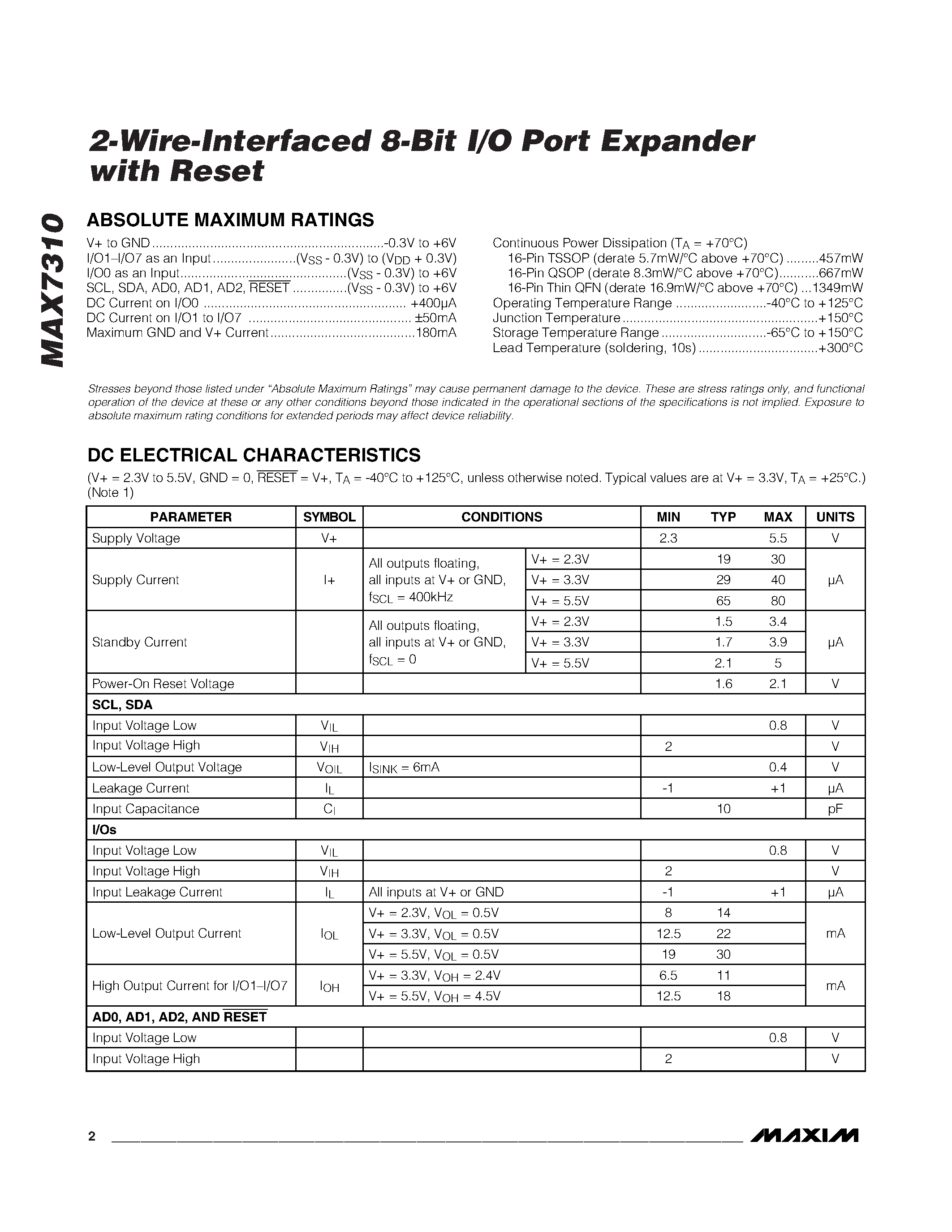 Datasheet MAX7310 - 2-Wire-Interfaced 8-Bit I/O Port Expander page 2