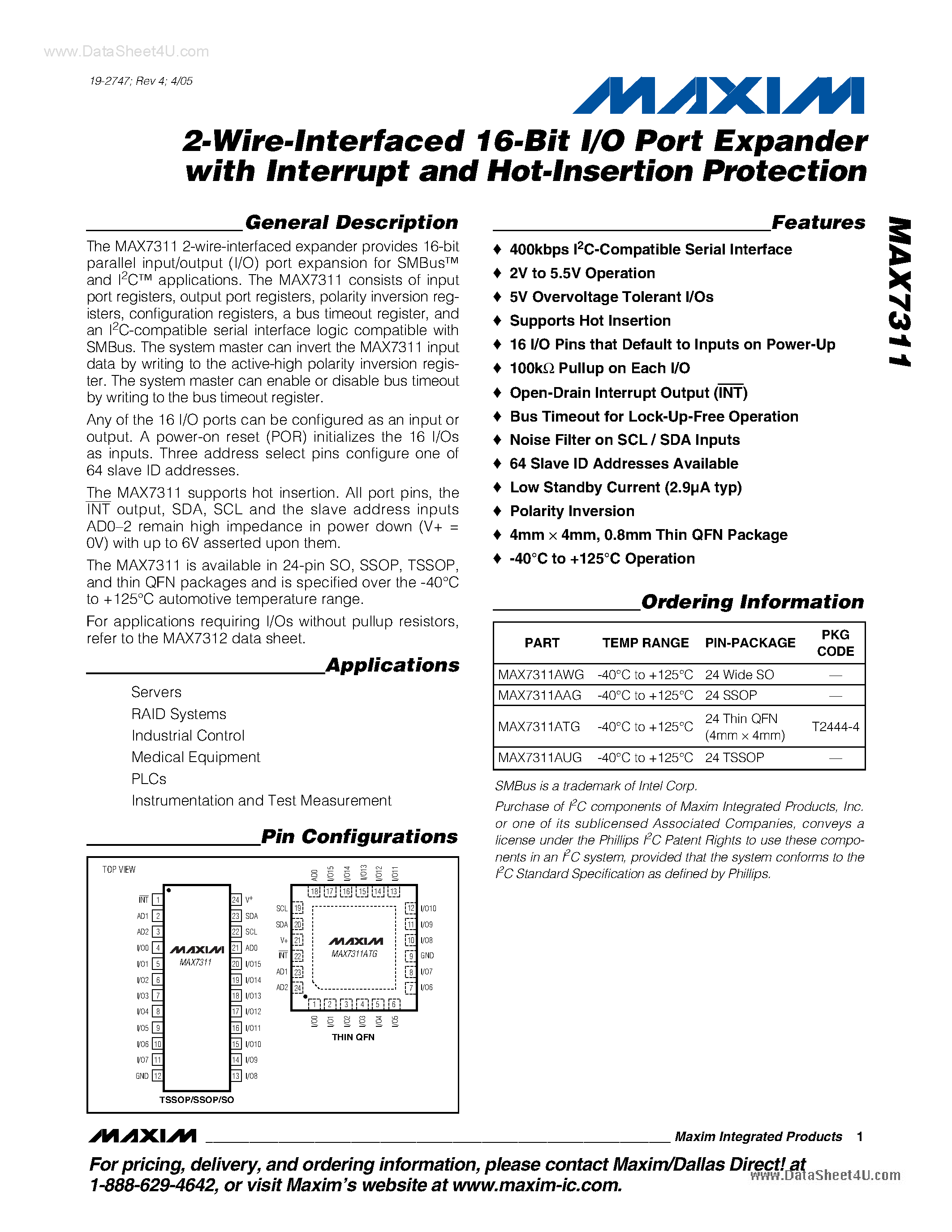 Datasheet MAX7311 - 2-Wire-Interfaced 16-Bit I/O Port Expander page 1