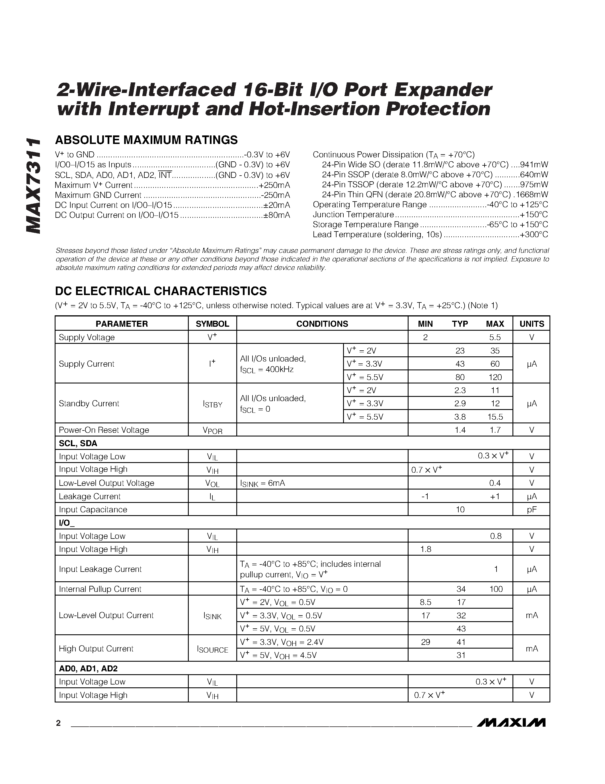 Datasheet MAX7311 - 2-Wire-Interfaced 16-Bit I/O Port Expander page 2