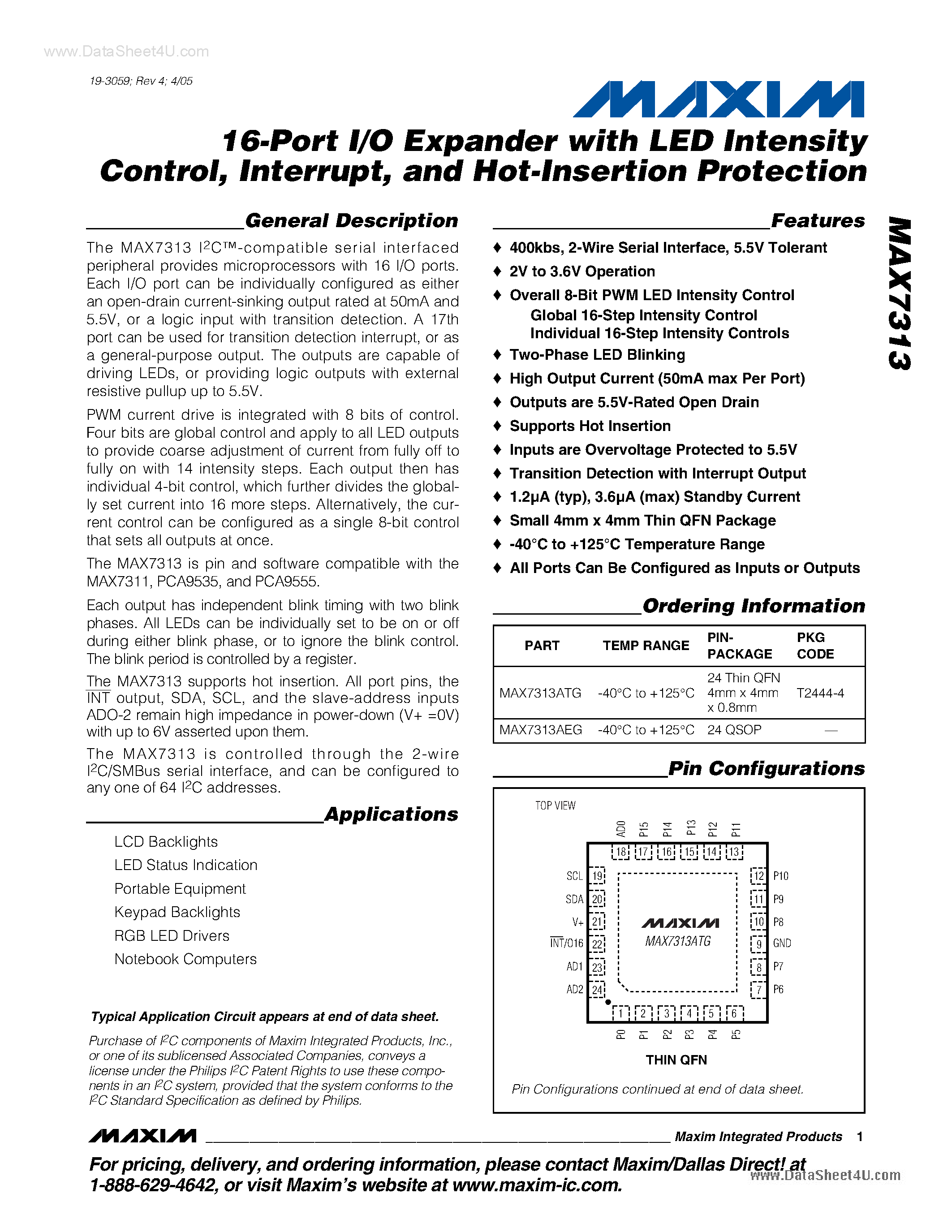 Datasheet MAX7313 - 16-Port I/O Expander page 1