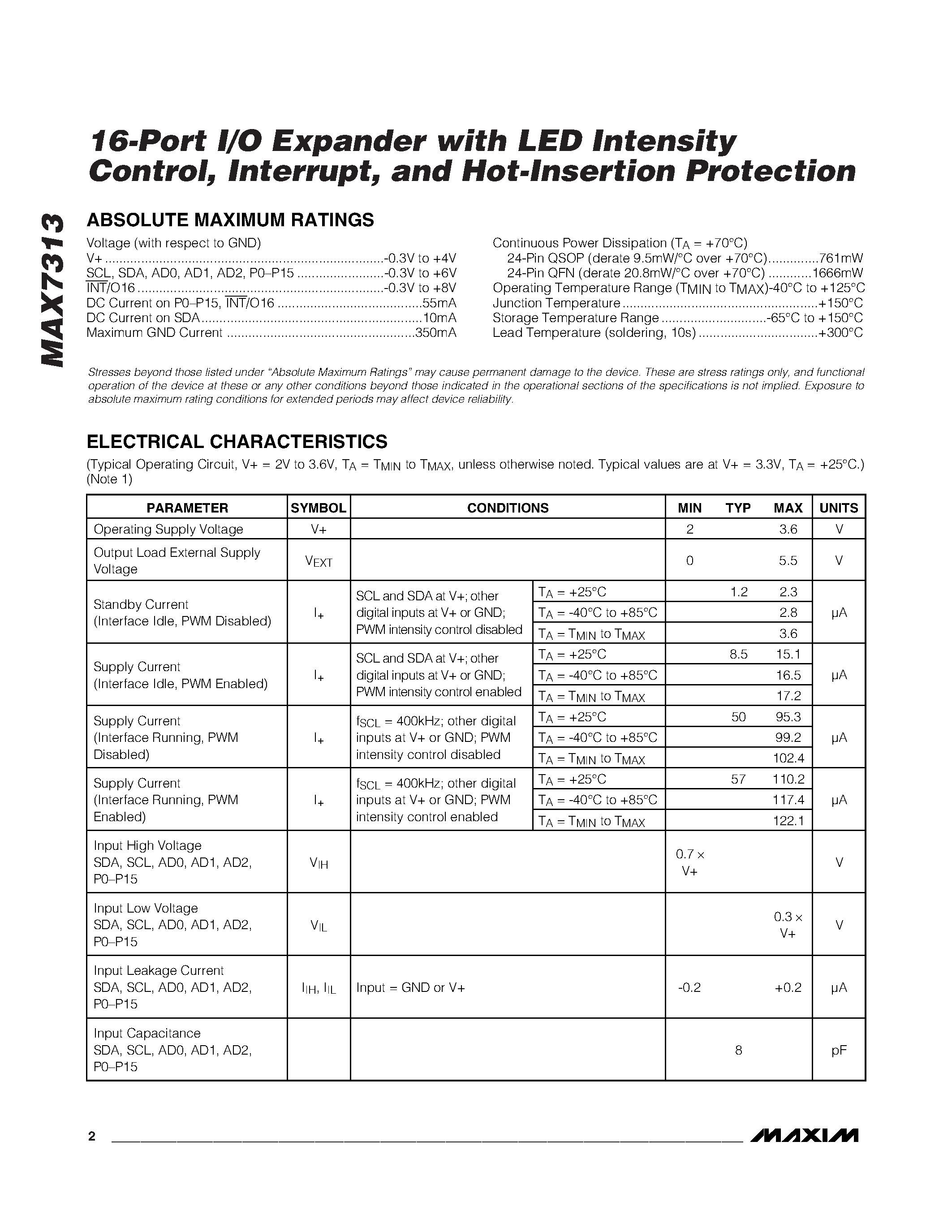 Datasheet MAX7313 - 16-Port I/O Expander page 2