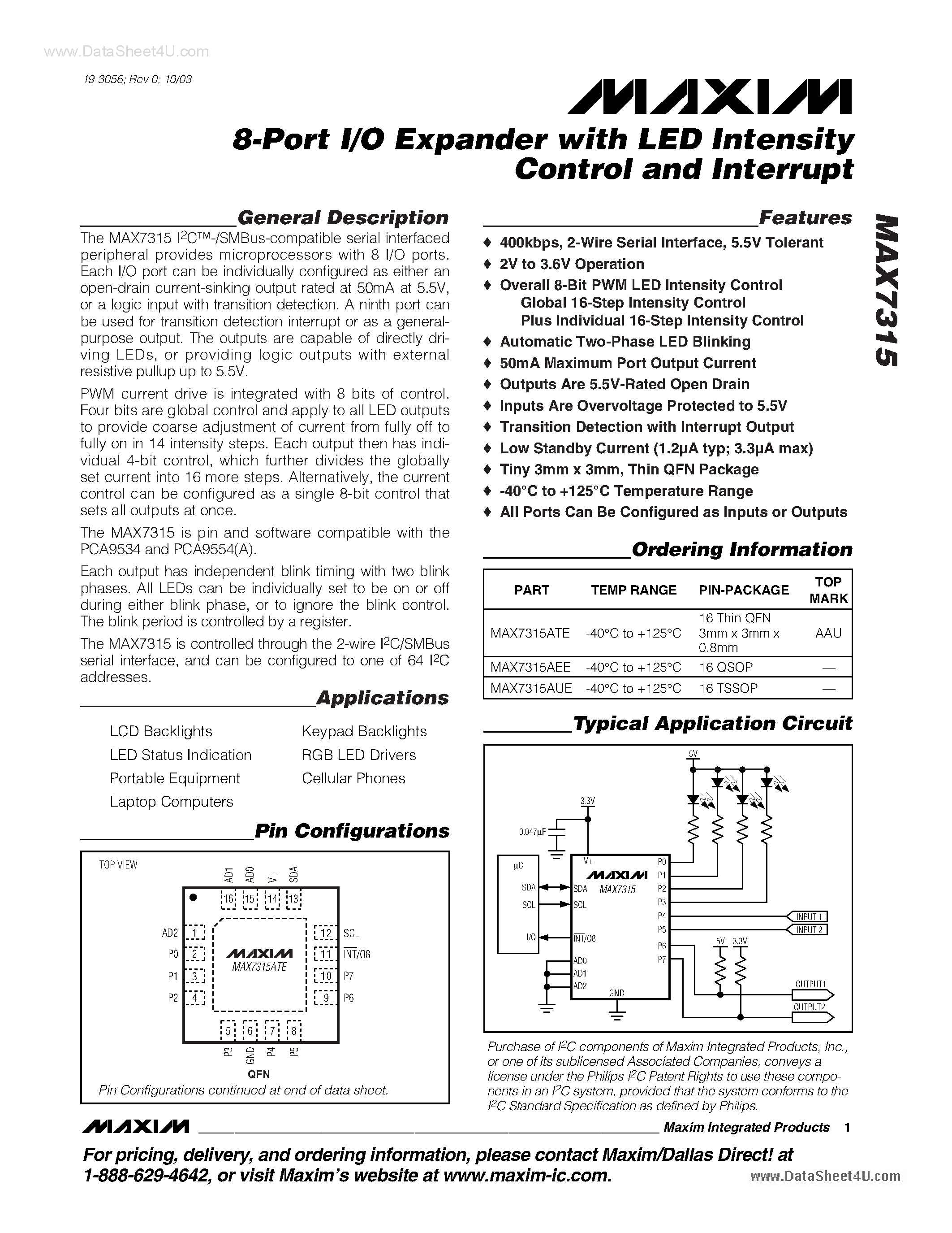 Datasheet MAX7315 - 8-Port I/O Expander page 1