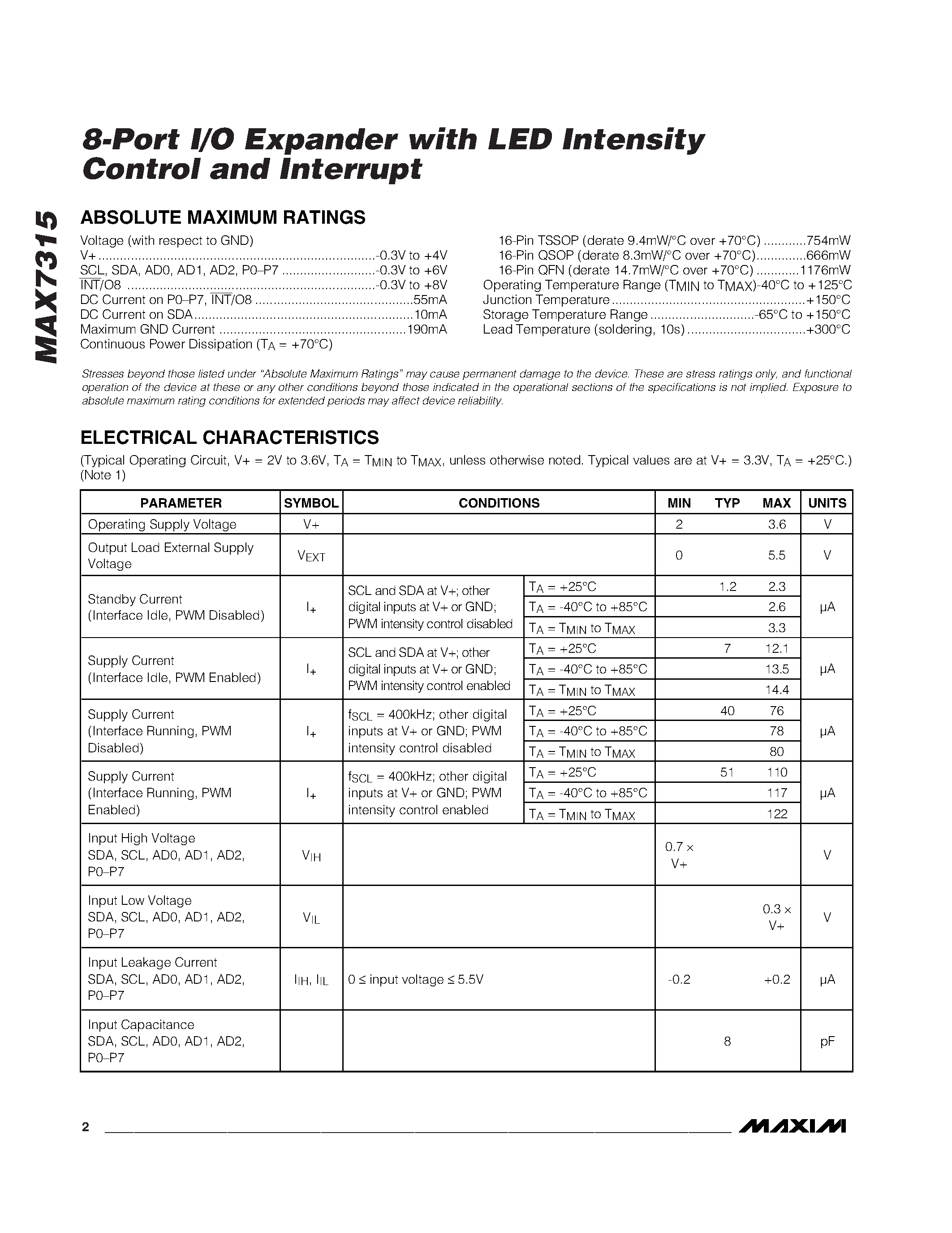 Datasheet MAX7315 - 8-Port I/O Expander page 2