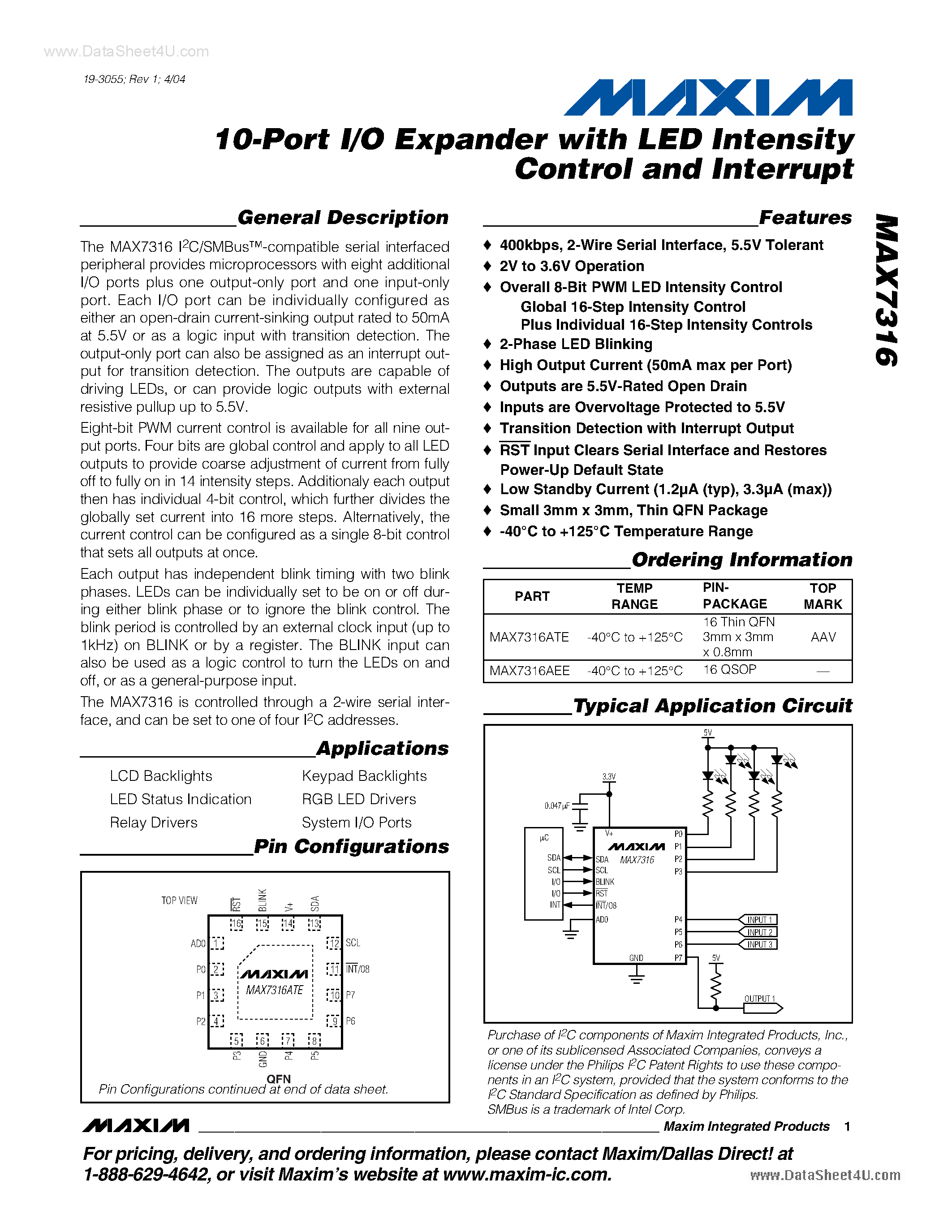 Datasheet MAX7316 - 10-Port I/O Expander page 1