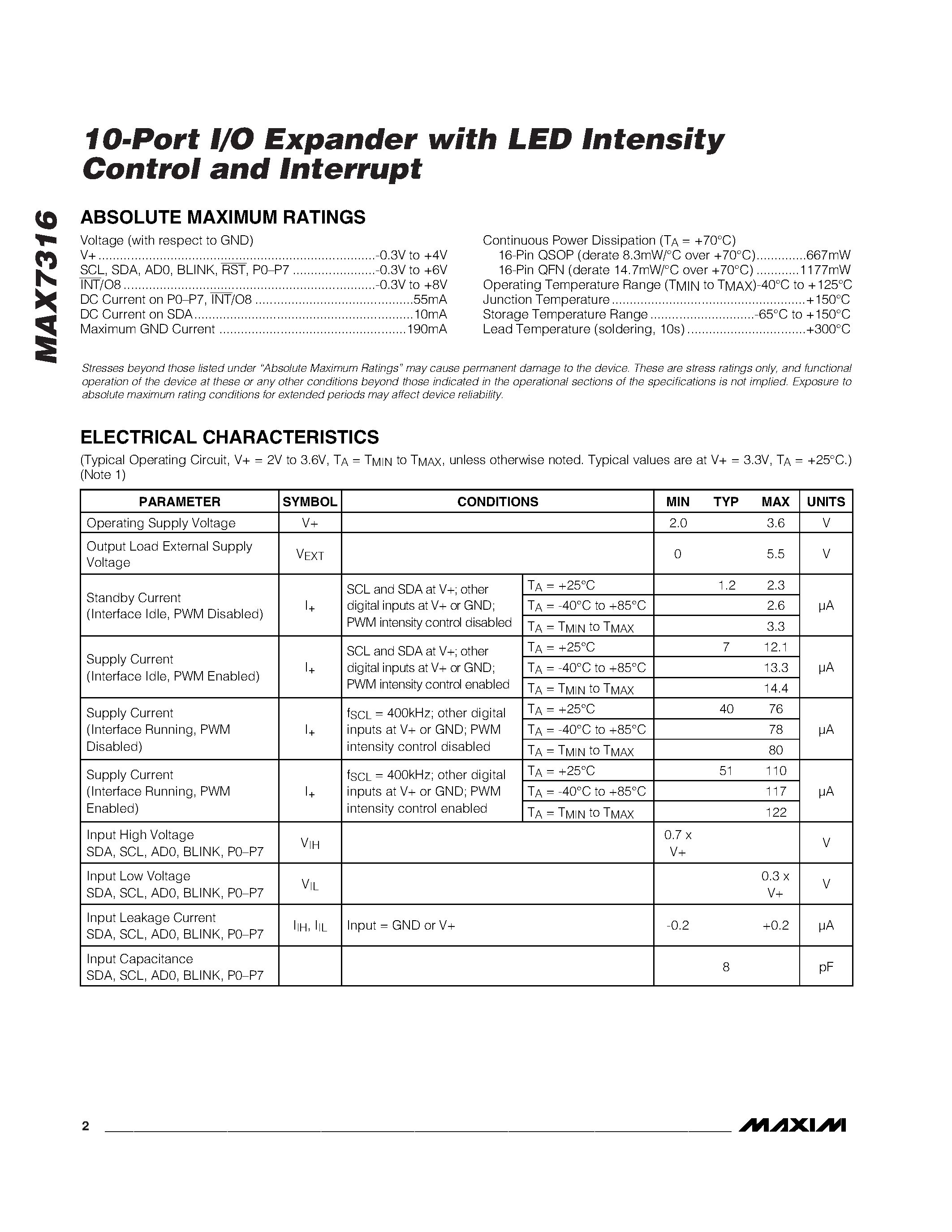 Datasheet MAX7316 - 10-Port I/O Expander page 2