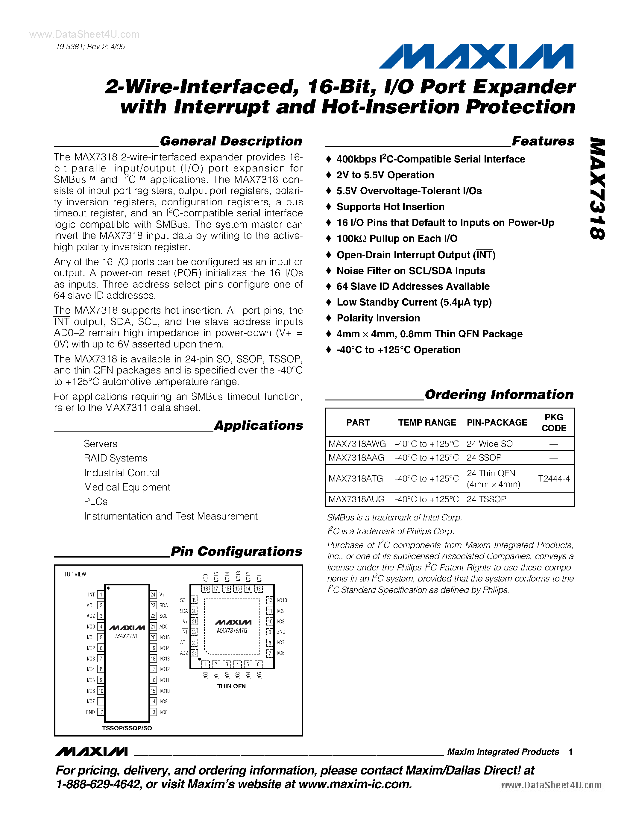 Datasheet MAX7318 - 2-Wire-Interfaced I/O Port Expander page 1