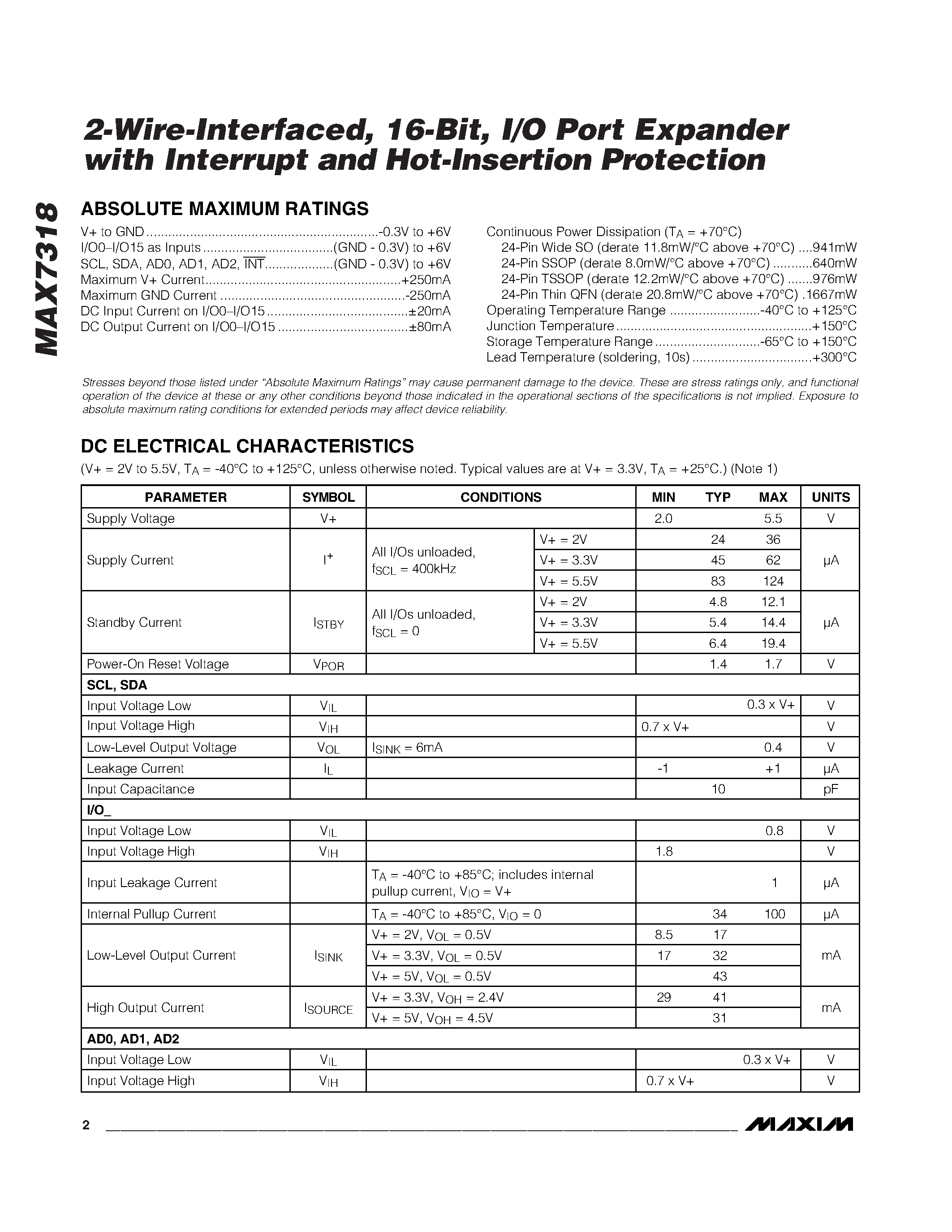 Datasheet MAX7318 - 2-Wire-Interfaced I/O Port Expander page 2