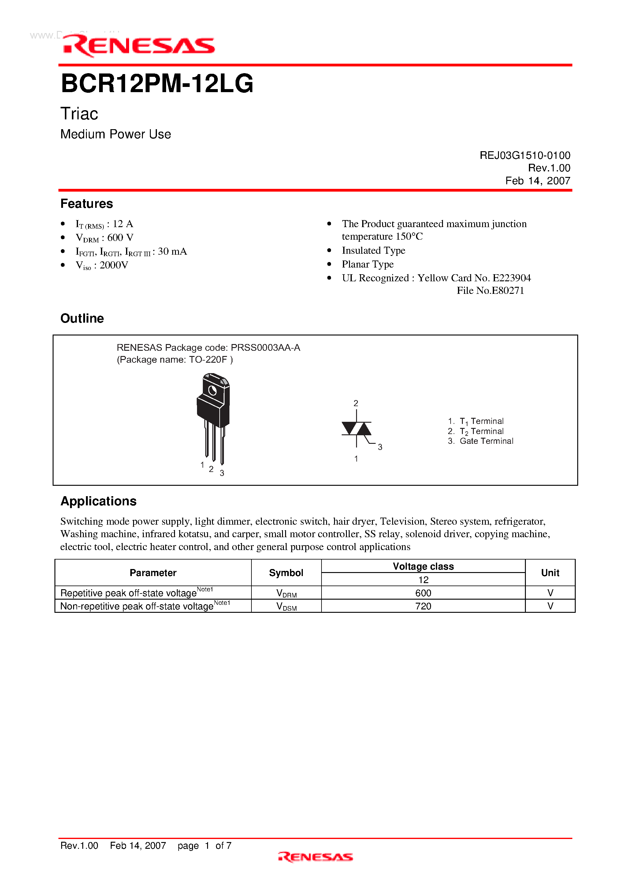 Даташит BCR12PM-12LG - Triac Medium Power Use страница 1