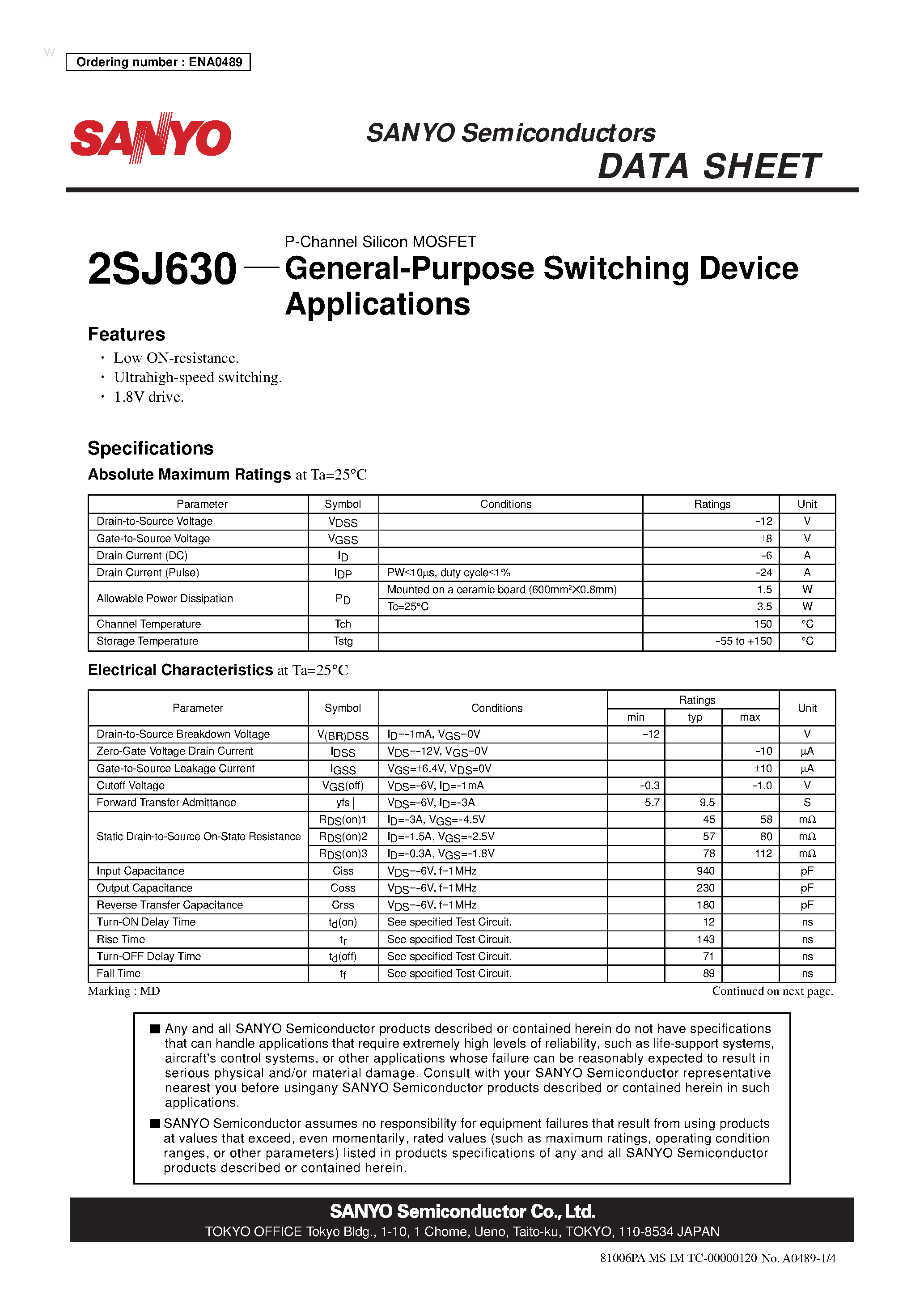 Datasheet 2SJ630 - General-Purpose Switching Device Applications page 1