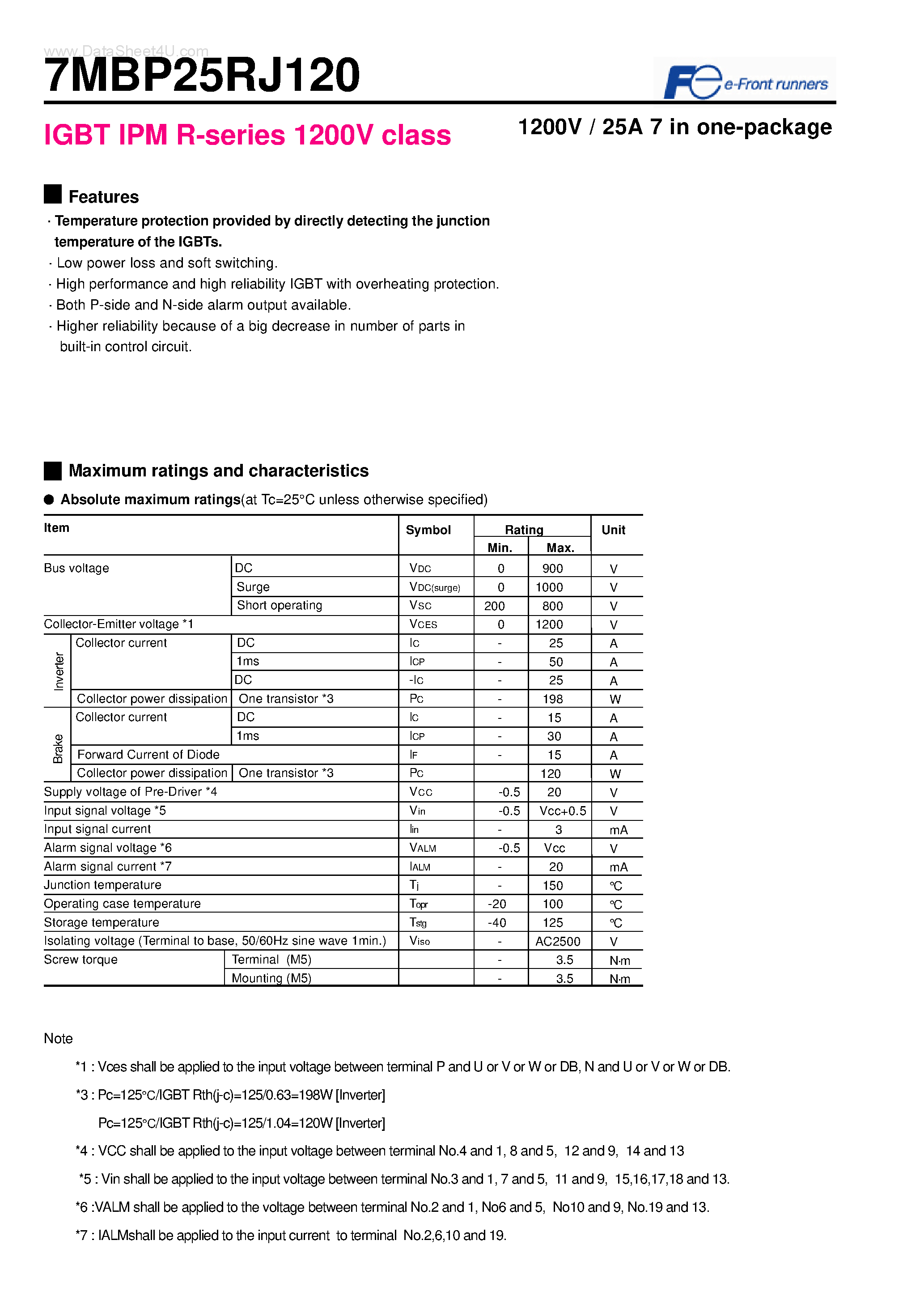 Datasheet 7MBP25RJ120 - IGBT IPM R-series 1200V class 1200V / 25A 7 in one-package page 1