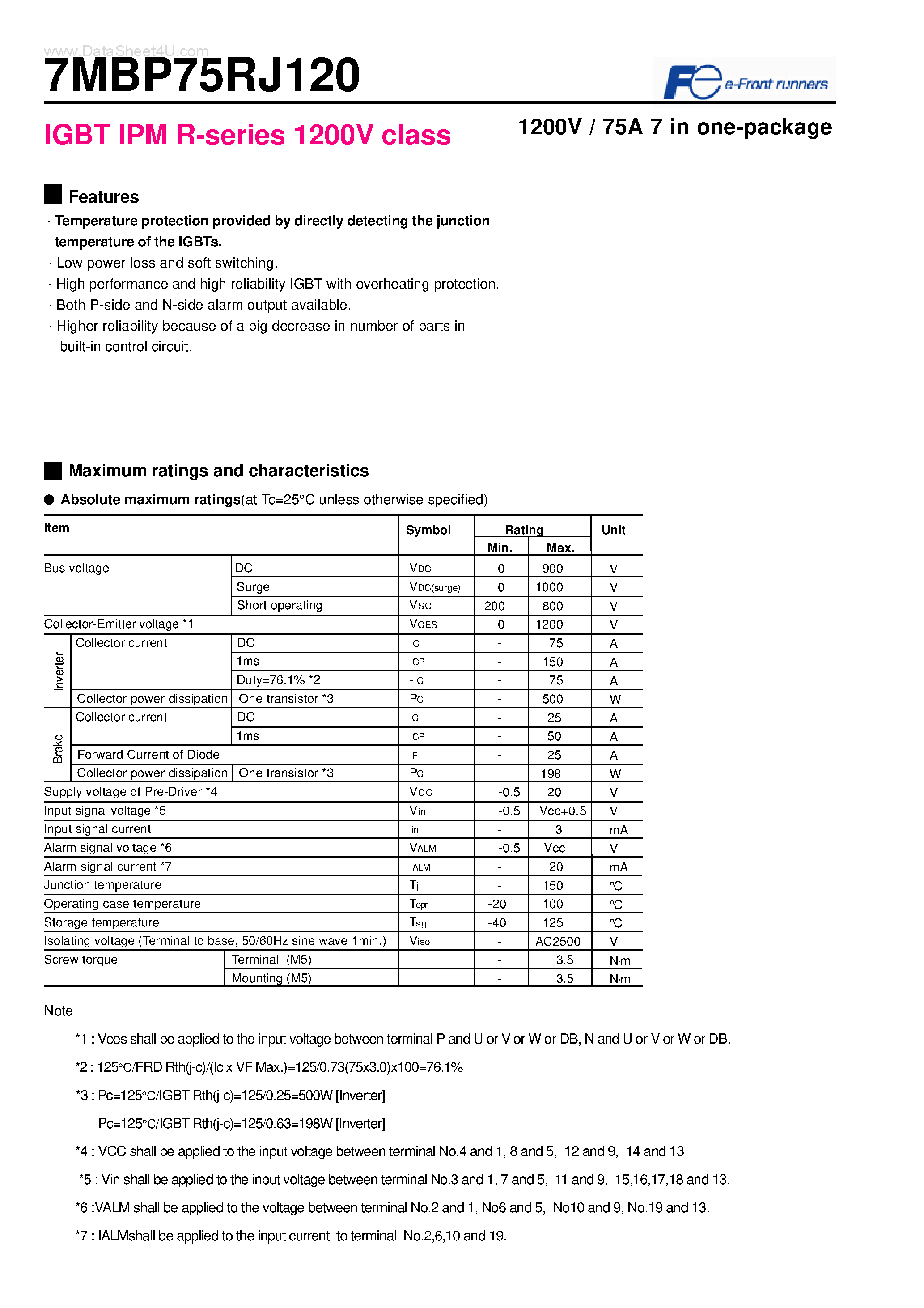 Datasheet 7MBP75RJ120 - IGBT IPM R-series 1200V class 1200V / 75A 7 in one-package page 1