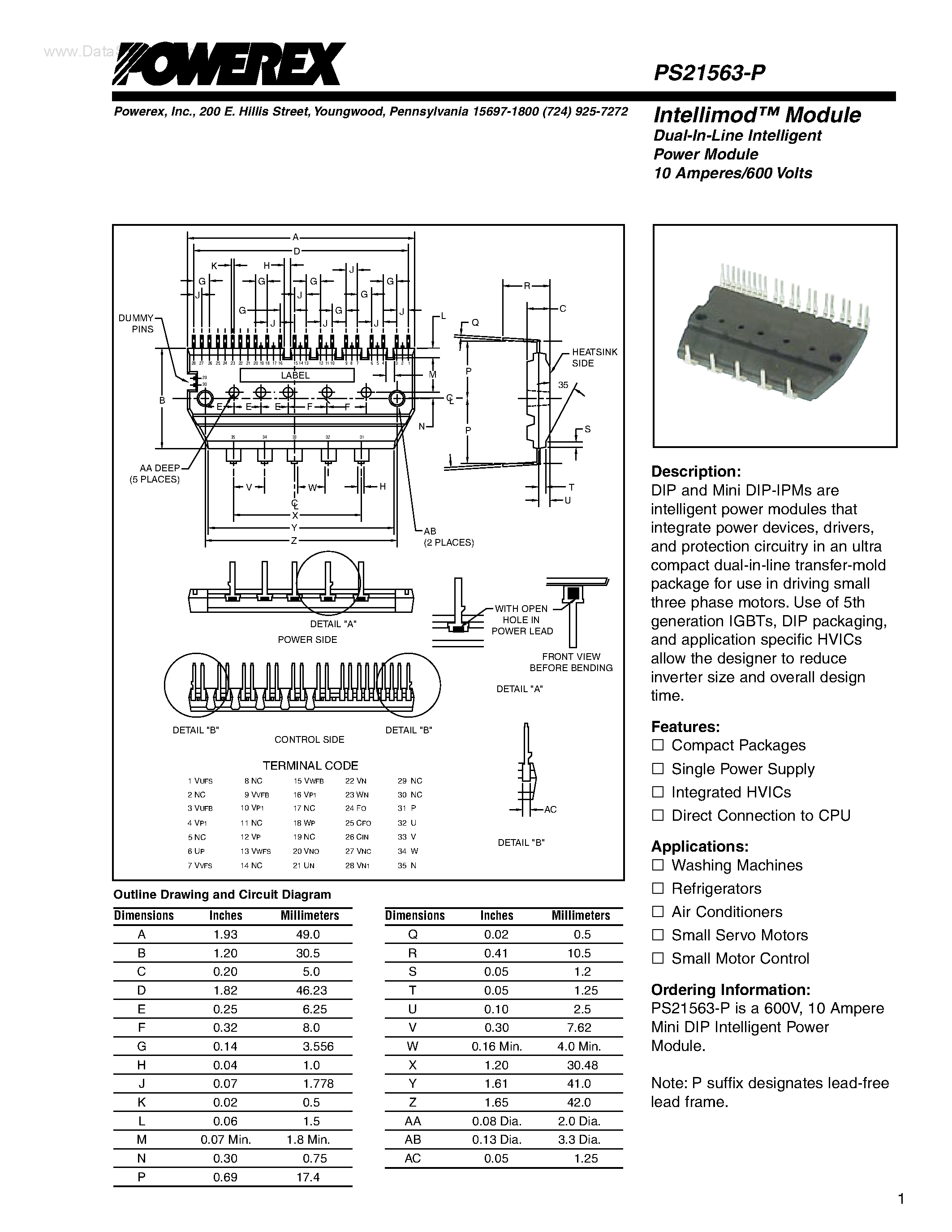 Даташит PS21563-P - Module Dual-In-Line Intelligent Power Module 10 Amperes/600 Volts страница 1