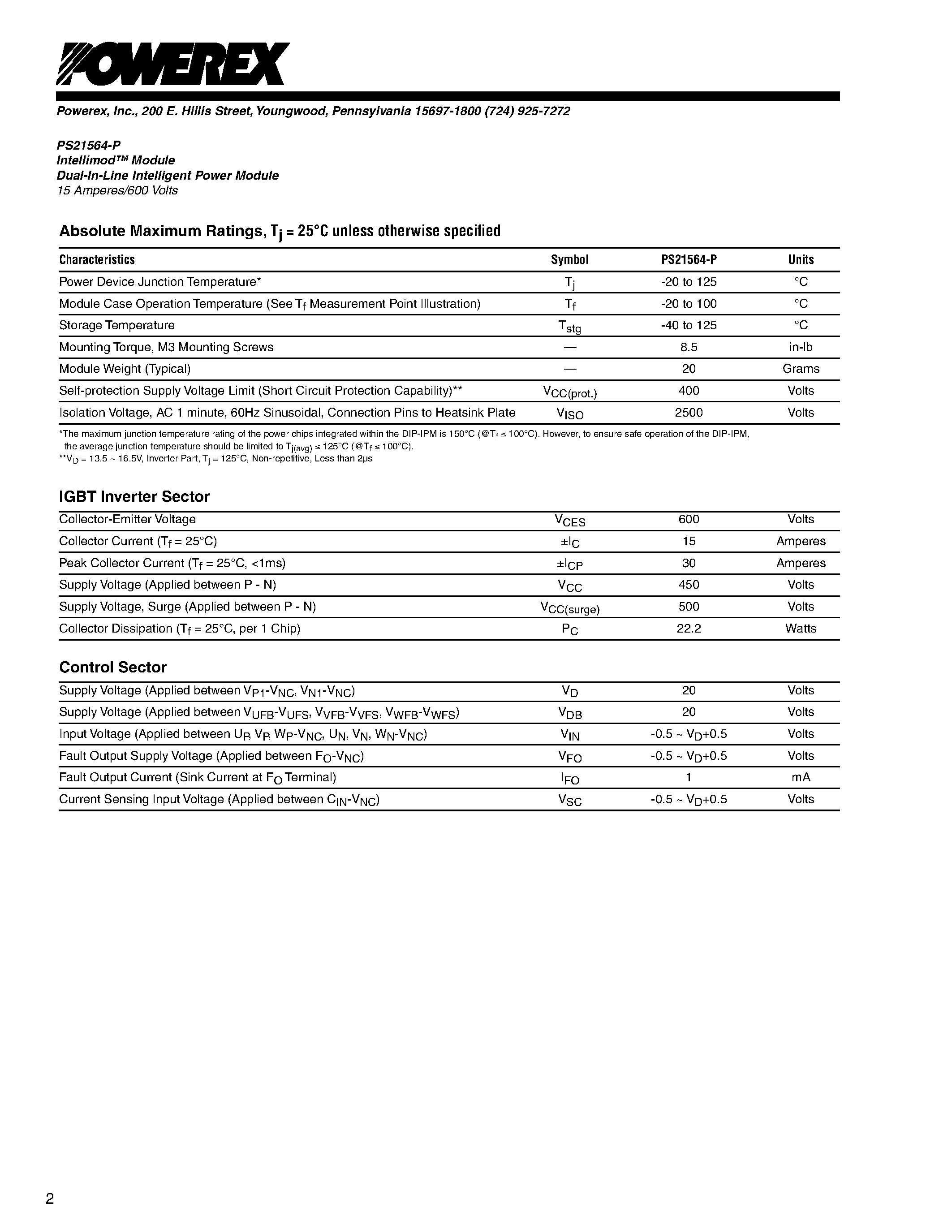 Даташит PS21564-P - Module Dual-In-Line Intelligent Power Module 15 Amperes/600 Volts страница 2