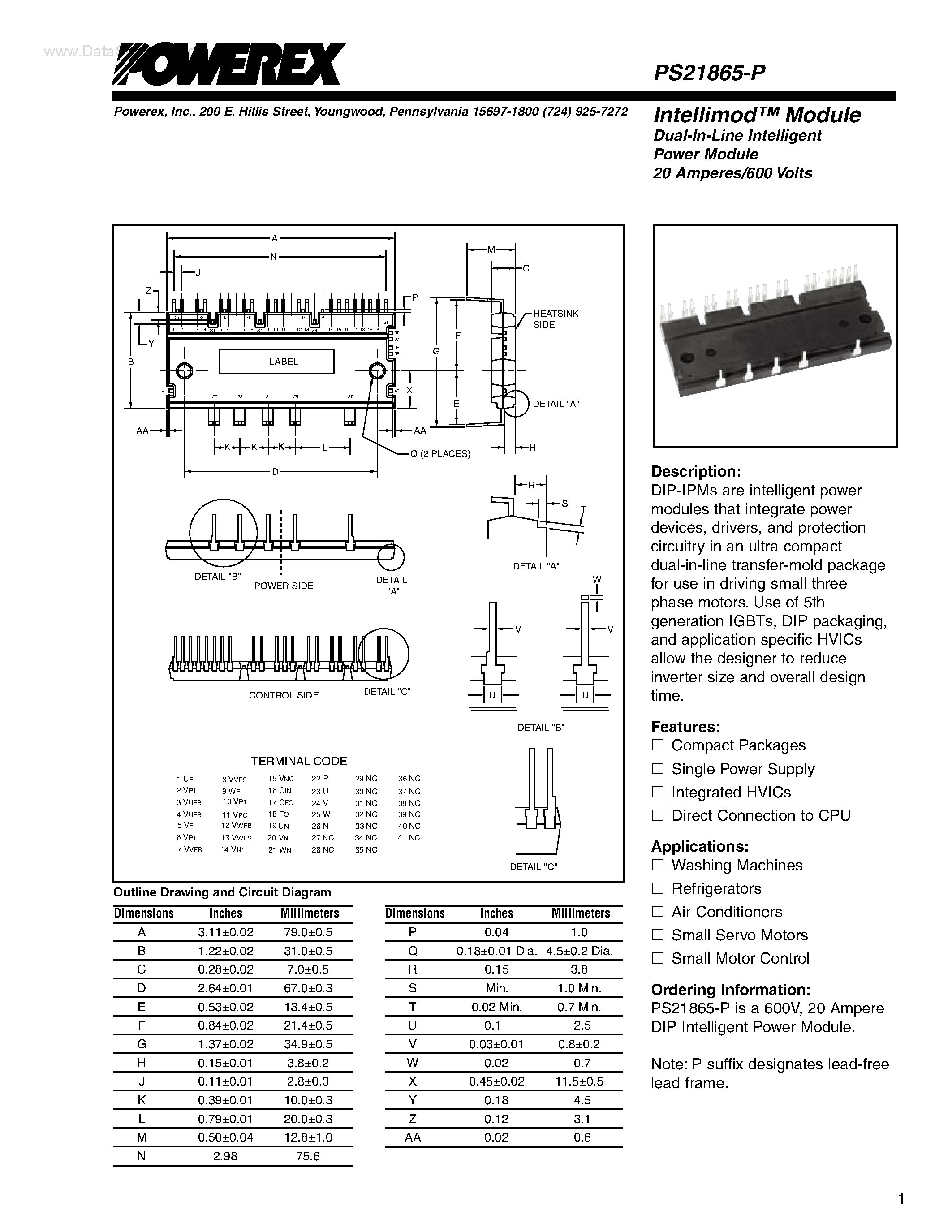 Даташит PS21865-P - Module Dual-In-Line Intelligent Power Module 20 Amperes/600 Volts страница 1