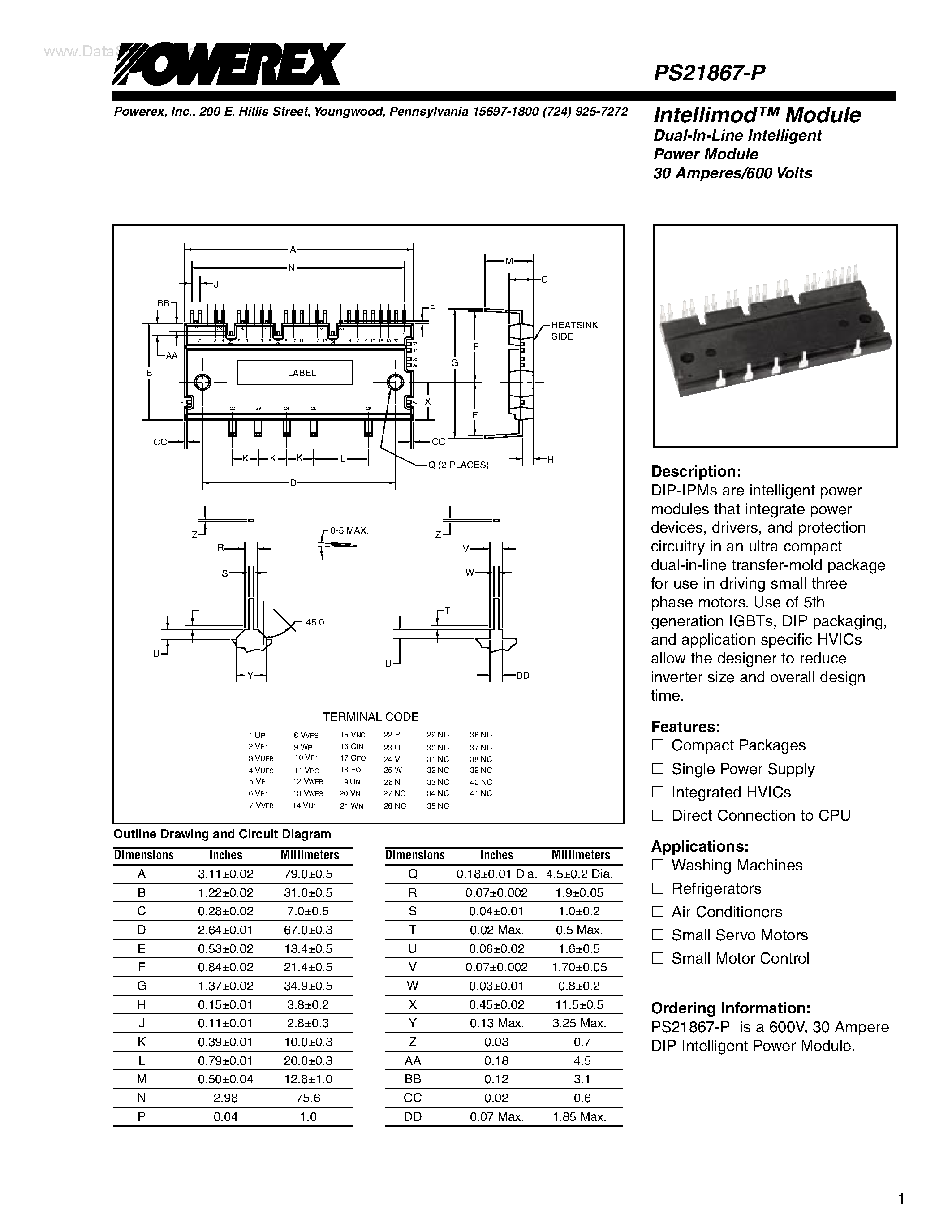 Даташит PS21867-P - Module Dual-In-Line Intelligent Power Module 30 Amperes/600 Volts страница 1