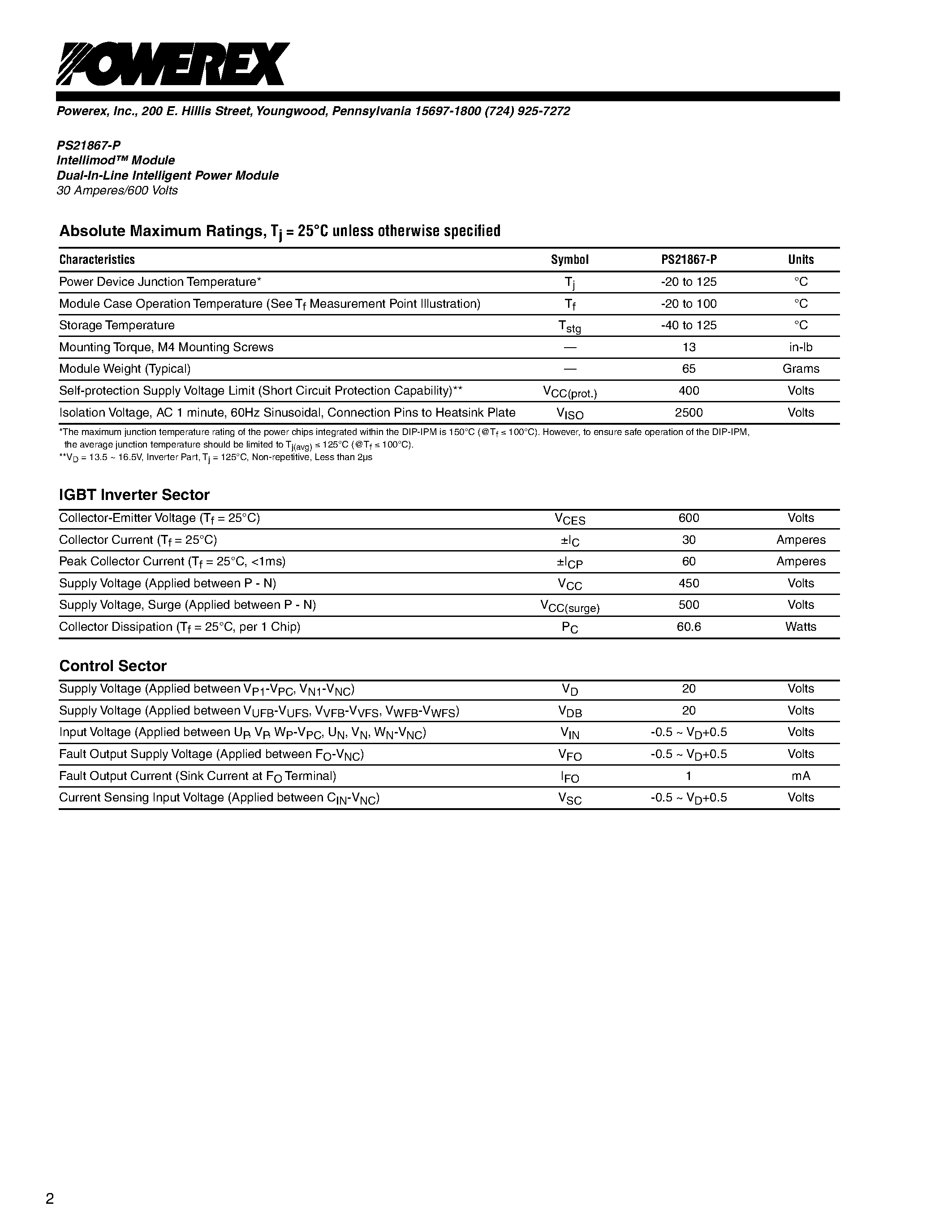 Даташит PS21867-P - Module Dual-In-Line Intelligent Power Module 30 Amperes/600 Volts страница 2