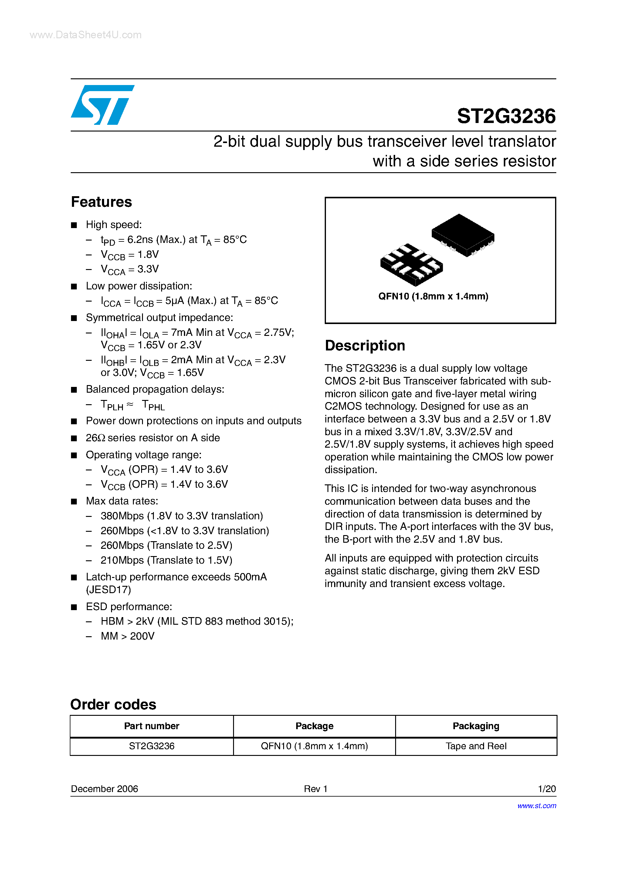 Даташит ST2G3236 - 2-bit dual supply bus transceiver level translator страница 1