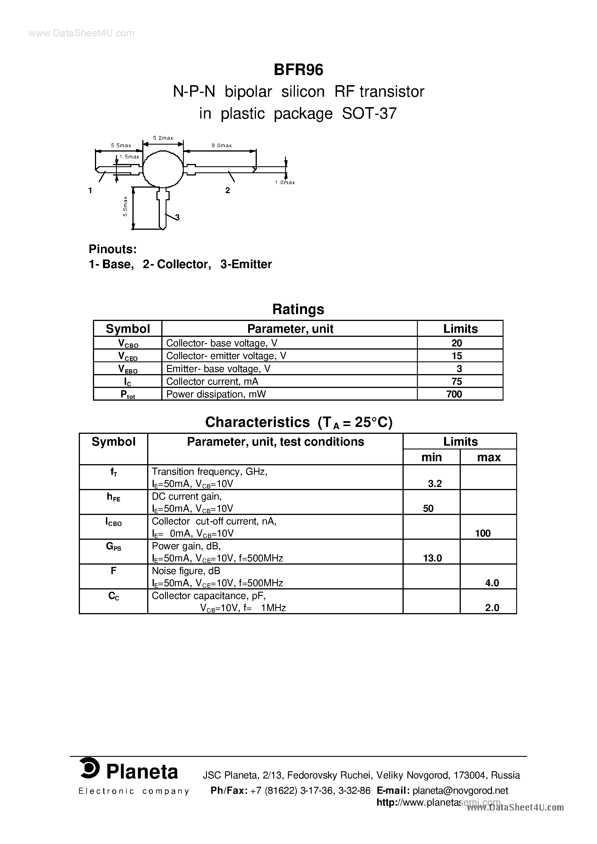 Даташит BFR96 - N-P-N bipolar silicon RF transistor страница 1