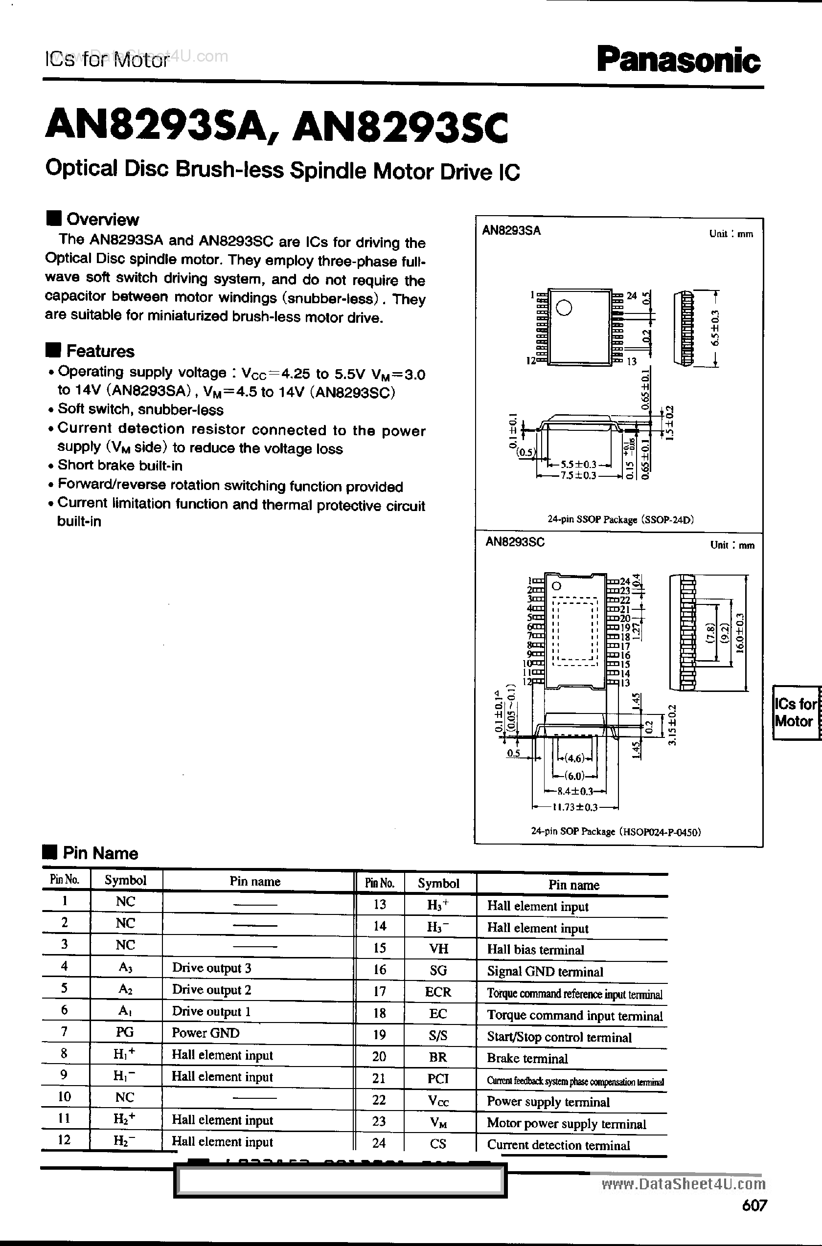 Даташит AN8293SA - Optical Disc Brush-Less Spindle Motor Drive IC страница 1