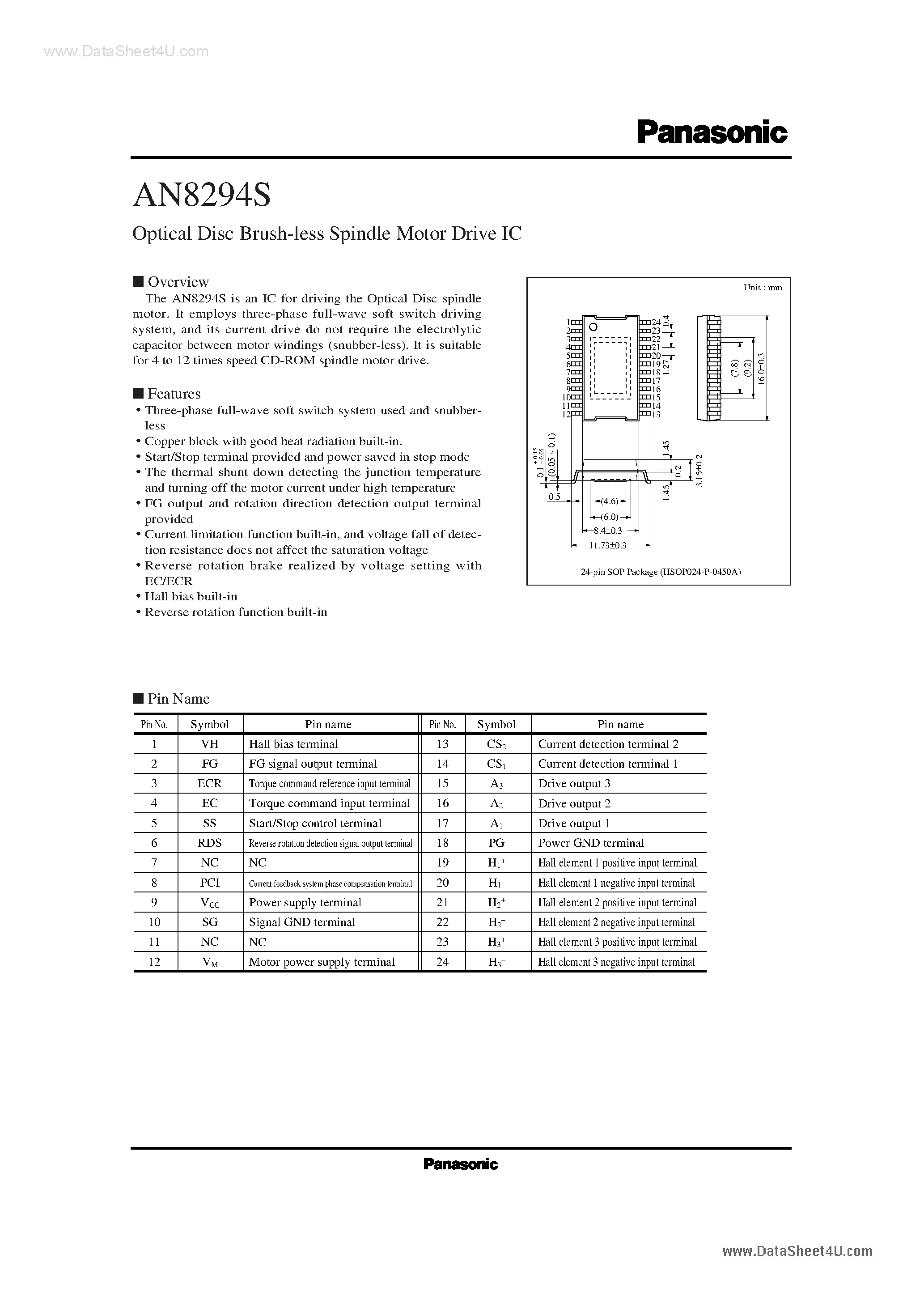 Даташит AN8294S - Optical Disc Brush-Less Spindle Motor Drive IC страница 1