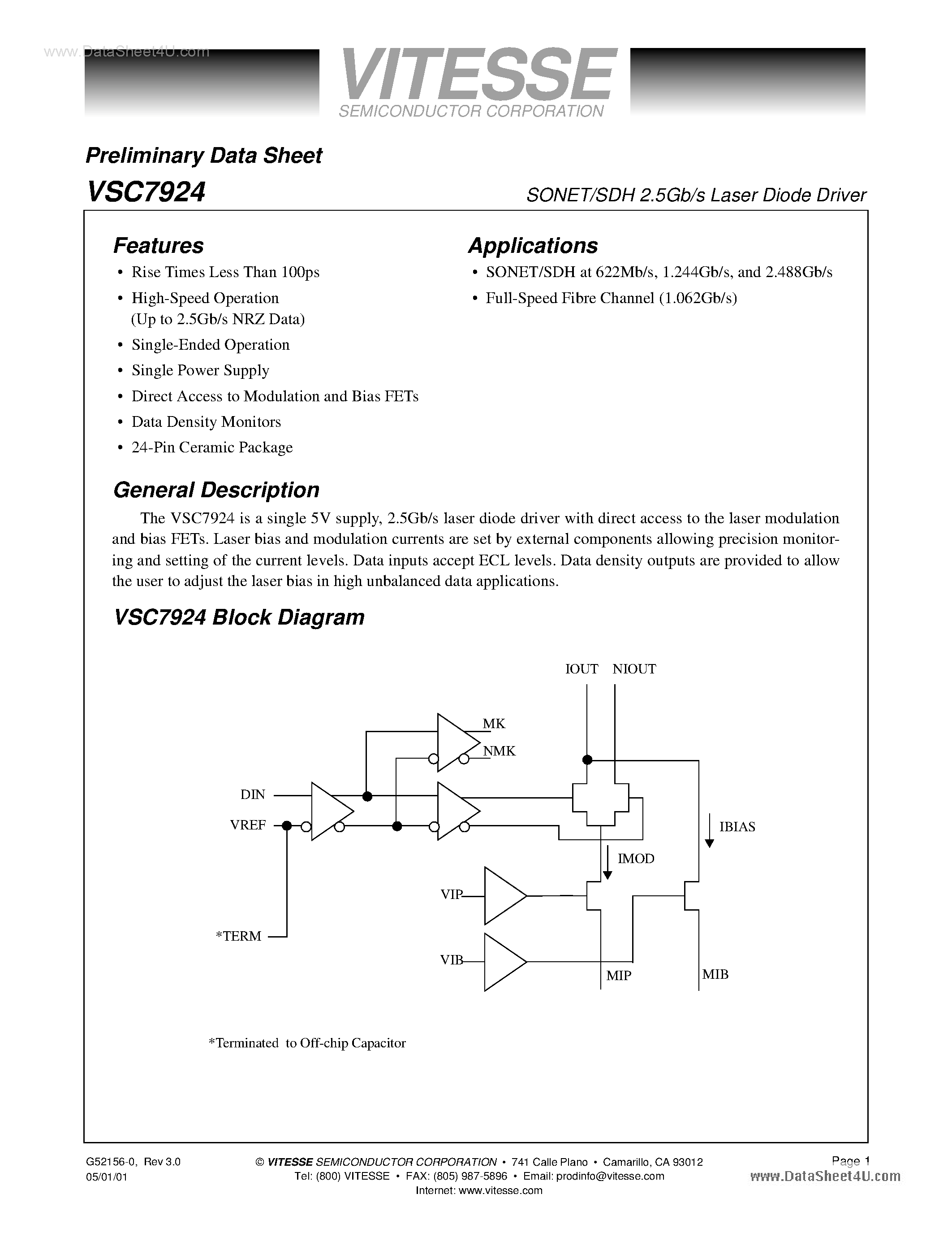 Даташит VSC7924 - SONET/SDH 2.5Gb/s Laser Diode Driver страница 1