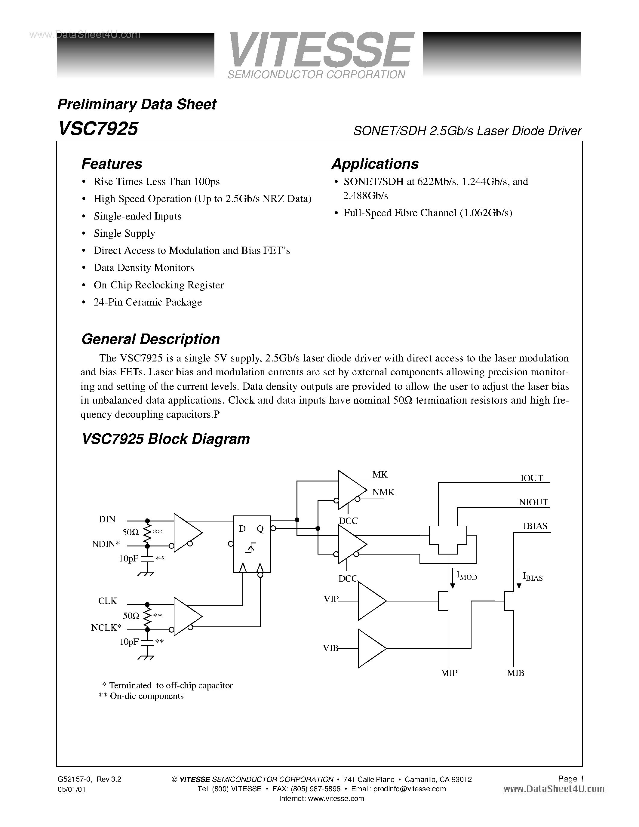 Даташит VSC7925 - SONET/SDH 2.5Gb/s Laser Diode Driver страница 1