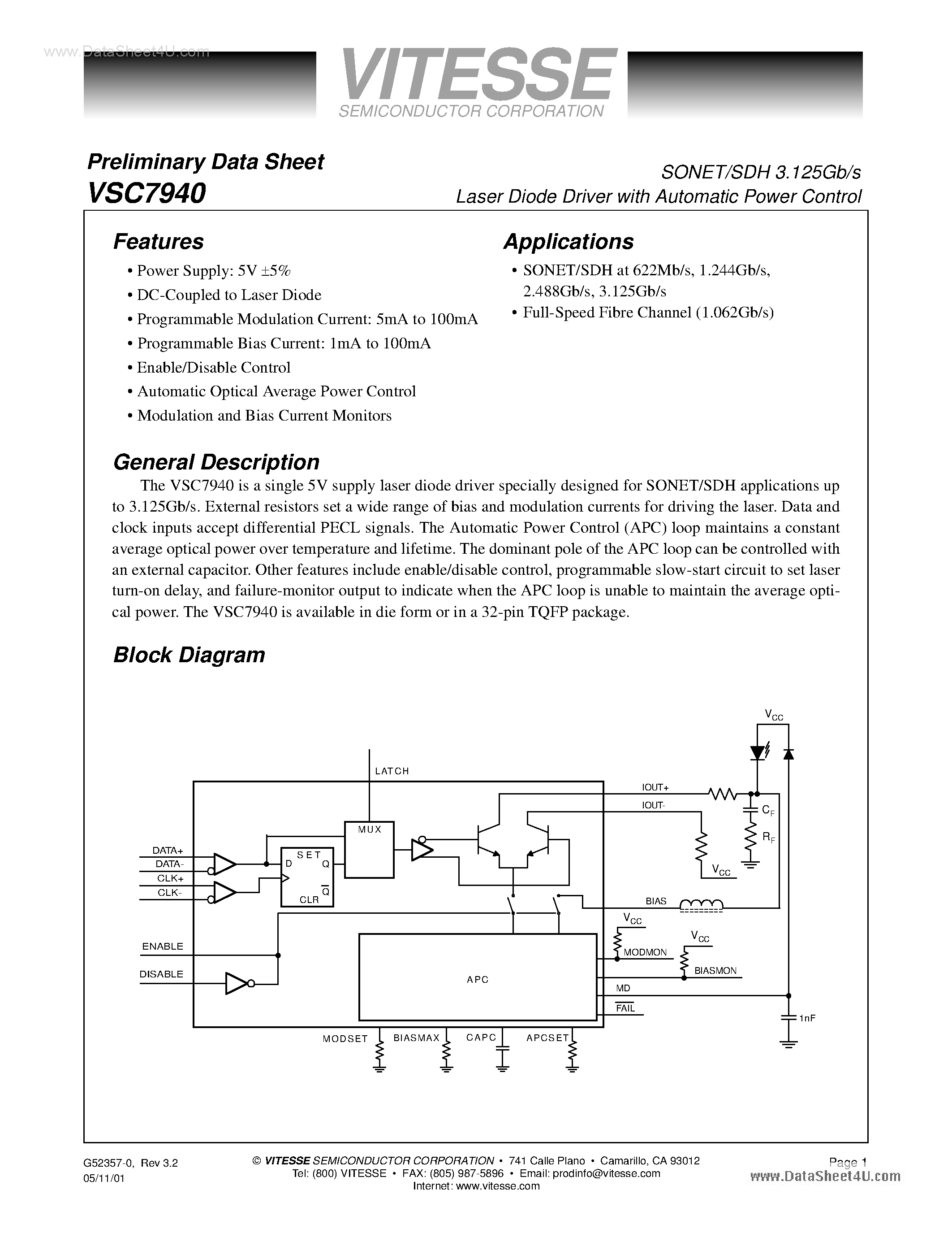 Даташит VSC7940 - SONET/SDH 3.125Gb/s Laser Diode Driver страница 1