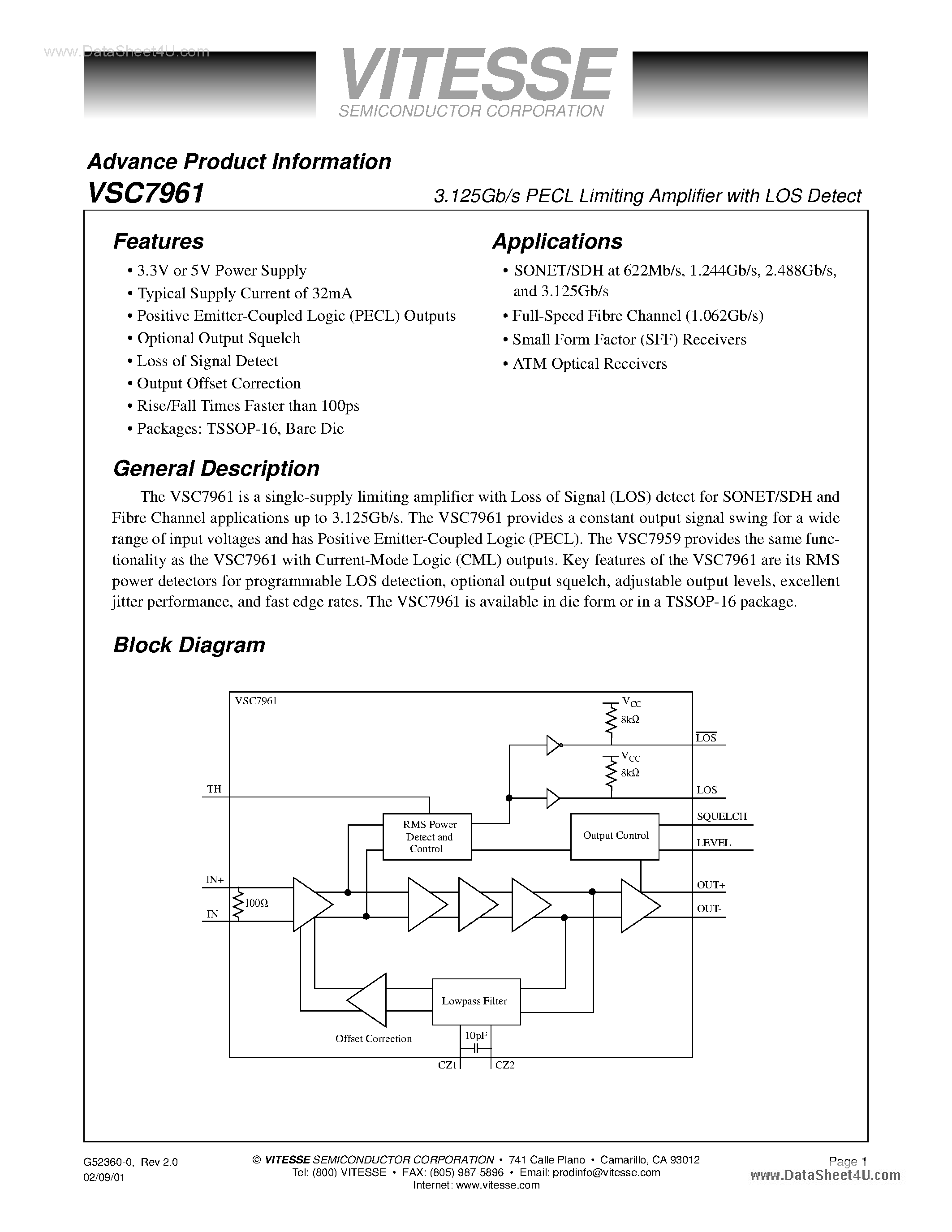 Даташит VSC7961 - 3.125Gb/s PECL Limiting Amplifier страница 1