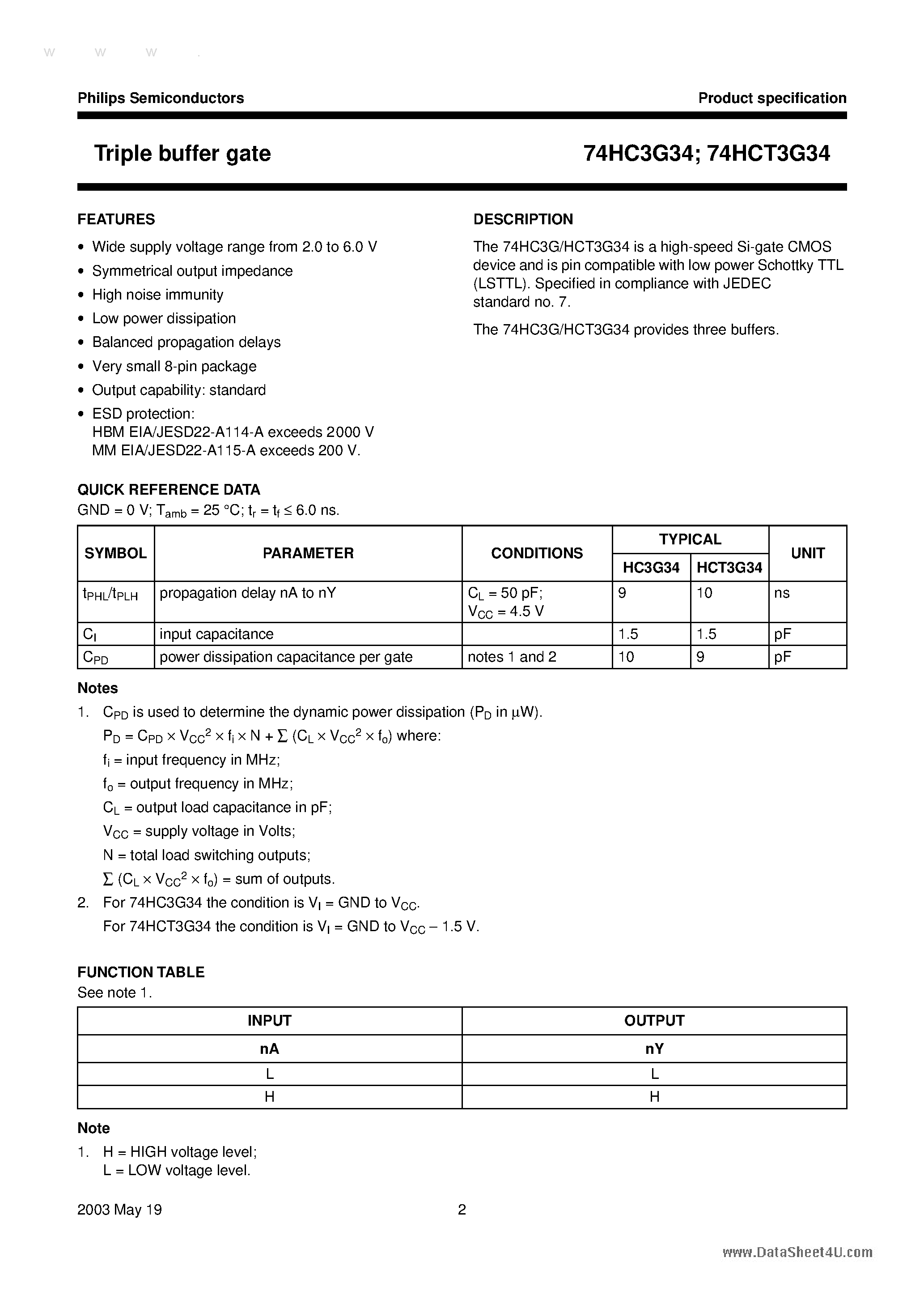 Datasheet 74HC3G34 - Triple Buffer Gate page 2