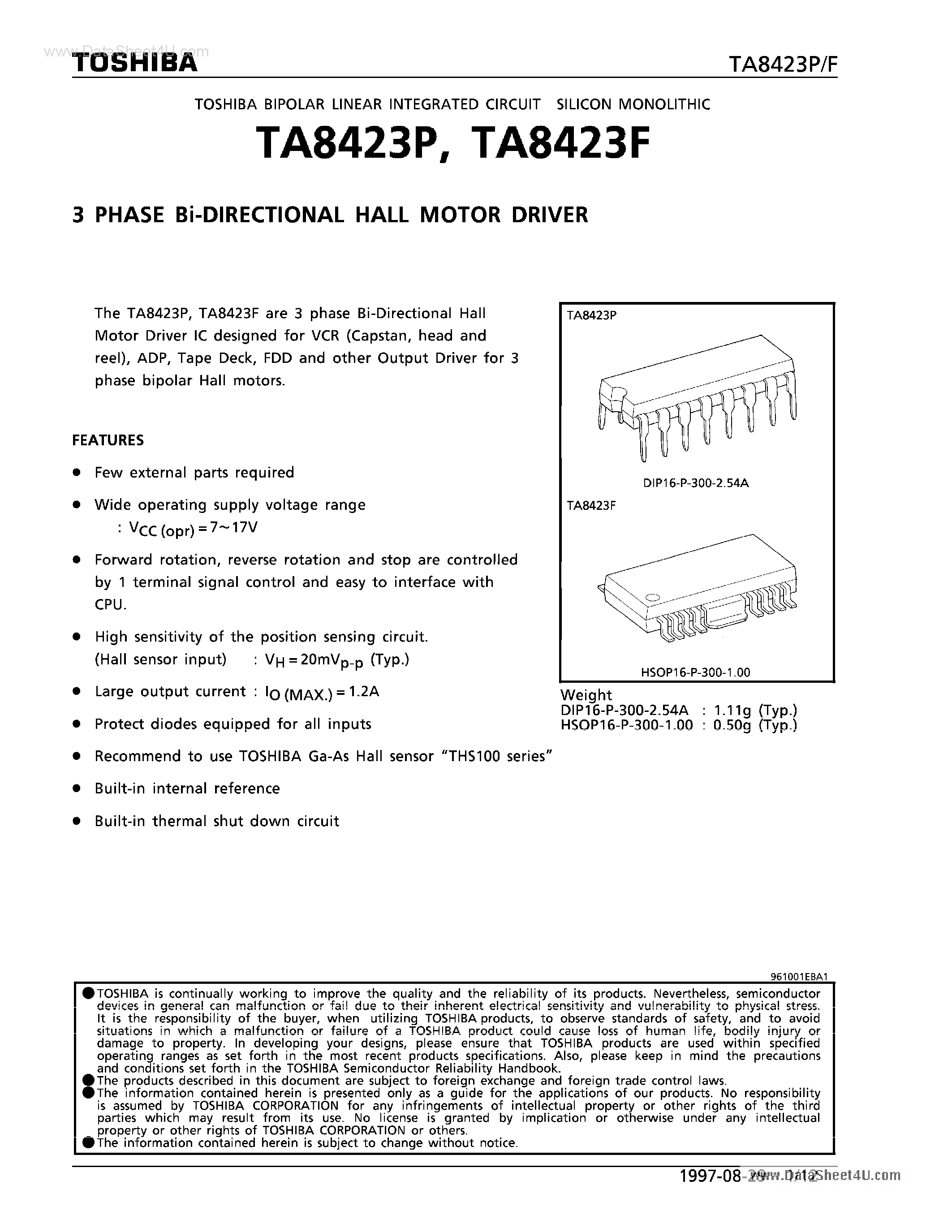 Даташит TA8423F - (TA8423F/P) 3 PHASE Bi-DIRECTIONAL HALL MOTOR DRIVER страница 1