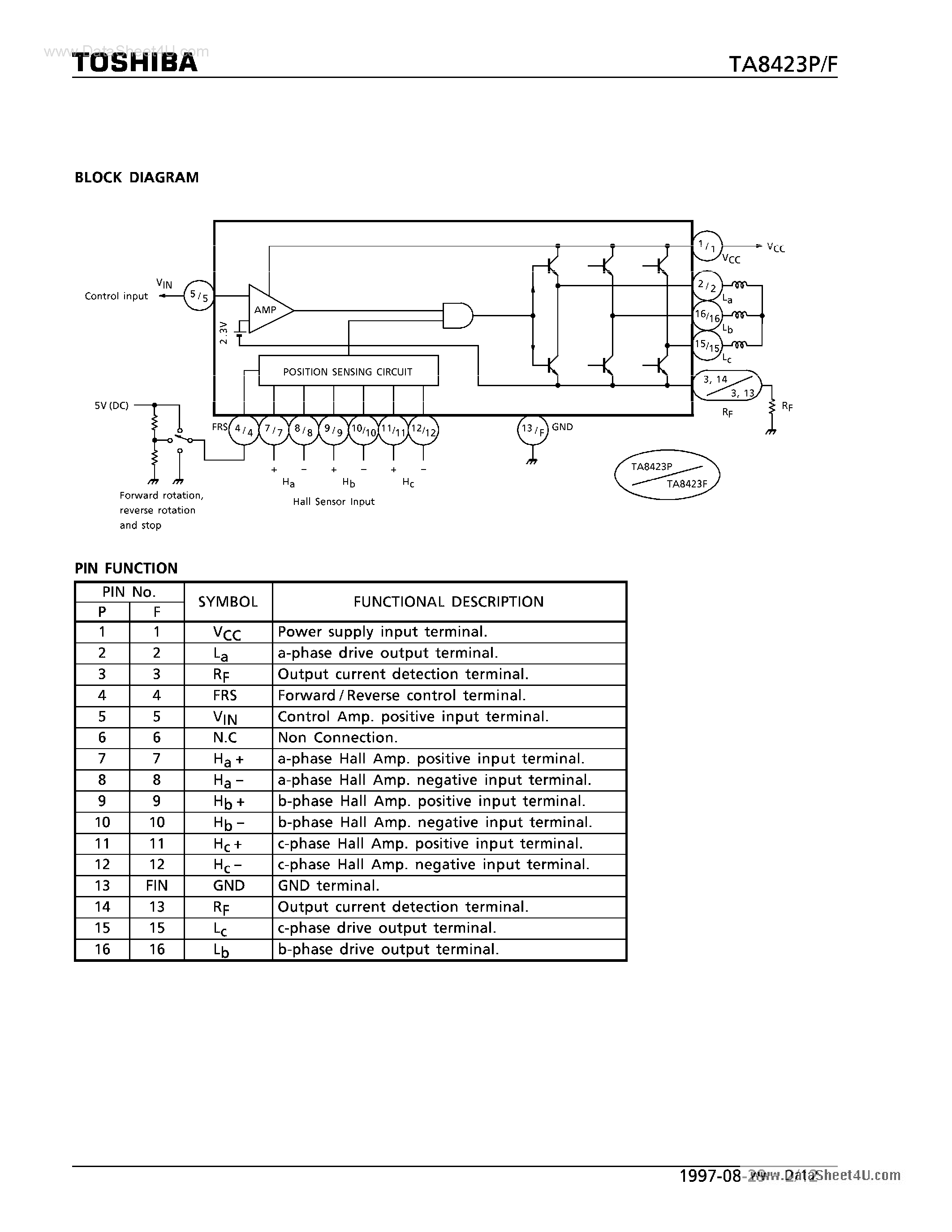 Даташит TA8423F - (TA8423F/P) 3 PHASE Bi-DIRECTIONAL HALL MOTOR DRIVER страница 2