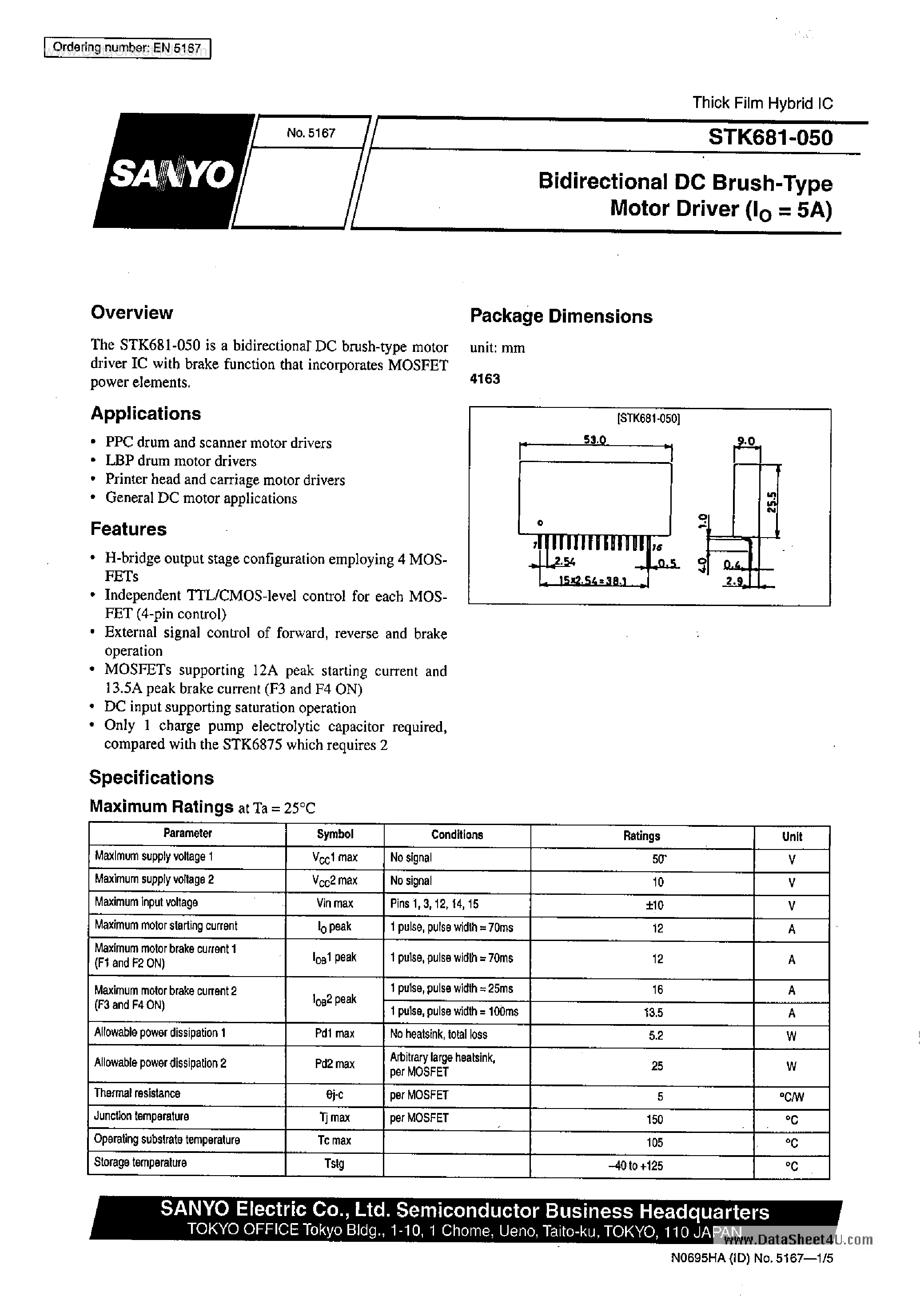 Datasheet STK681-050 - Bidirectional DC Brush-Type Motor Driver page 1