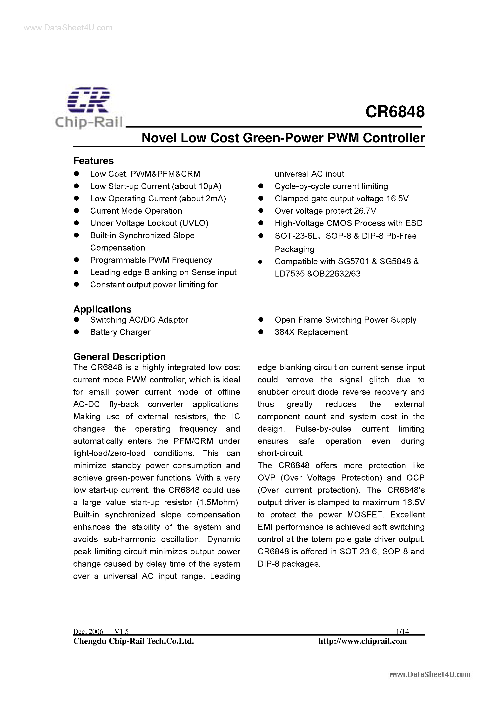 Даташит на микросхему CR6848 страница 1 Даташит CR6848 - Npvel Low Cost Green-Power PWM Controller страница 1