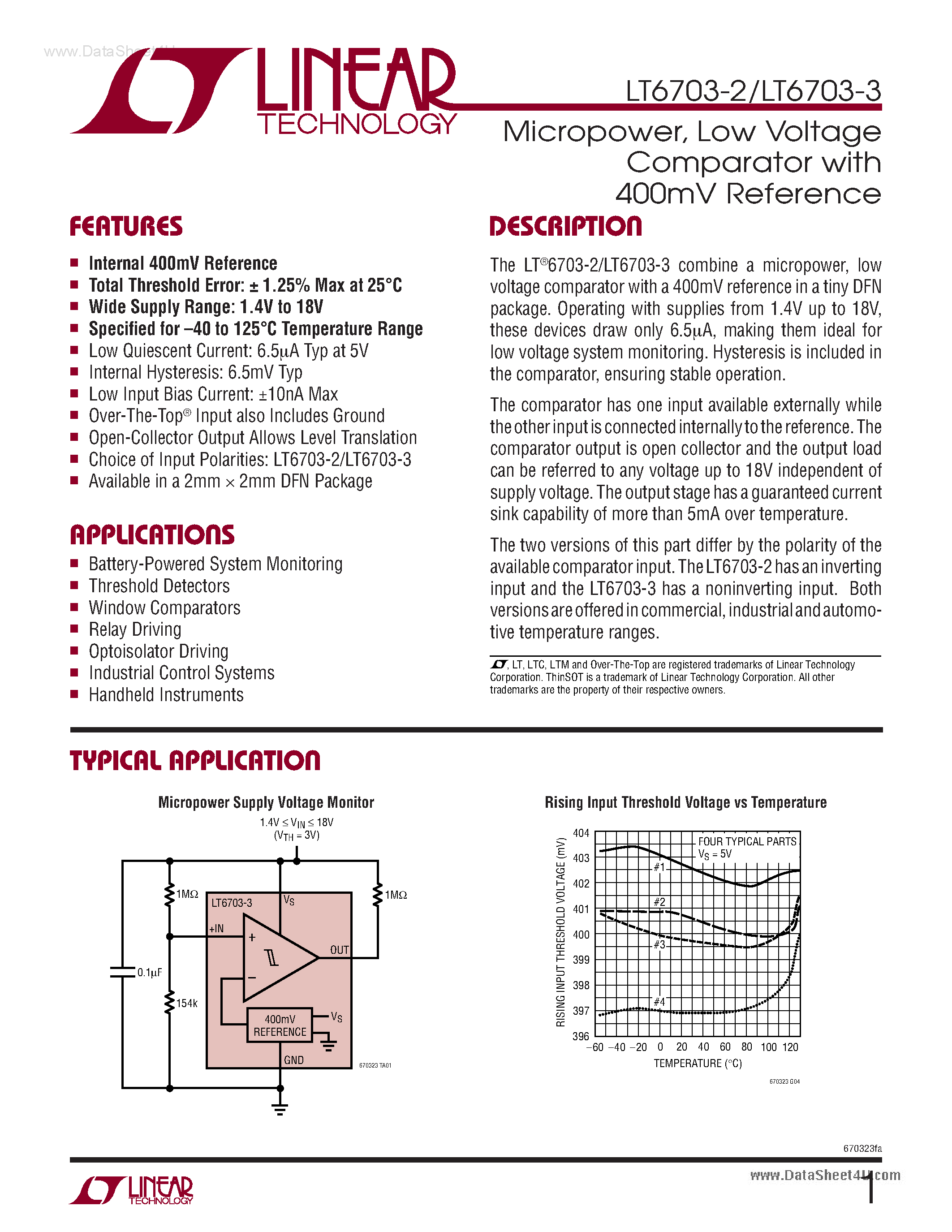 Даташит LT6703-2 - (LT6703-2/-3) Low Voltage Comparator страница 1