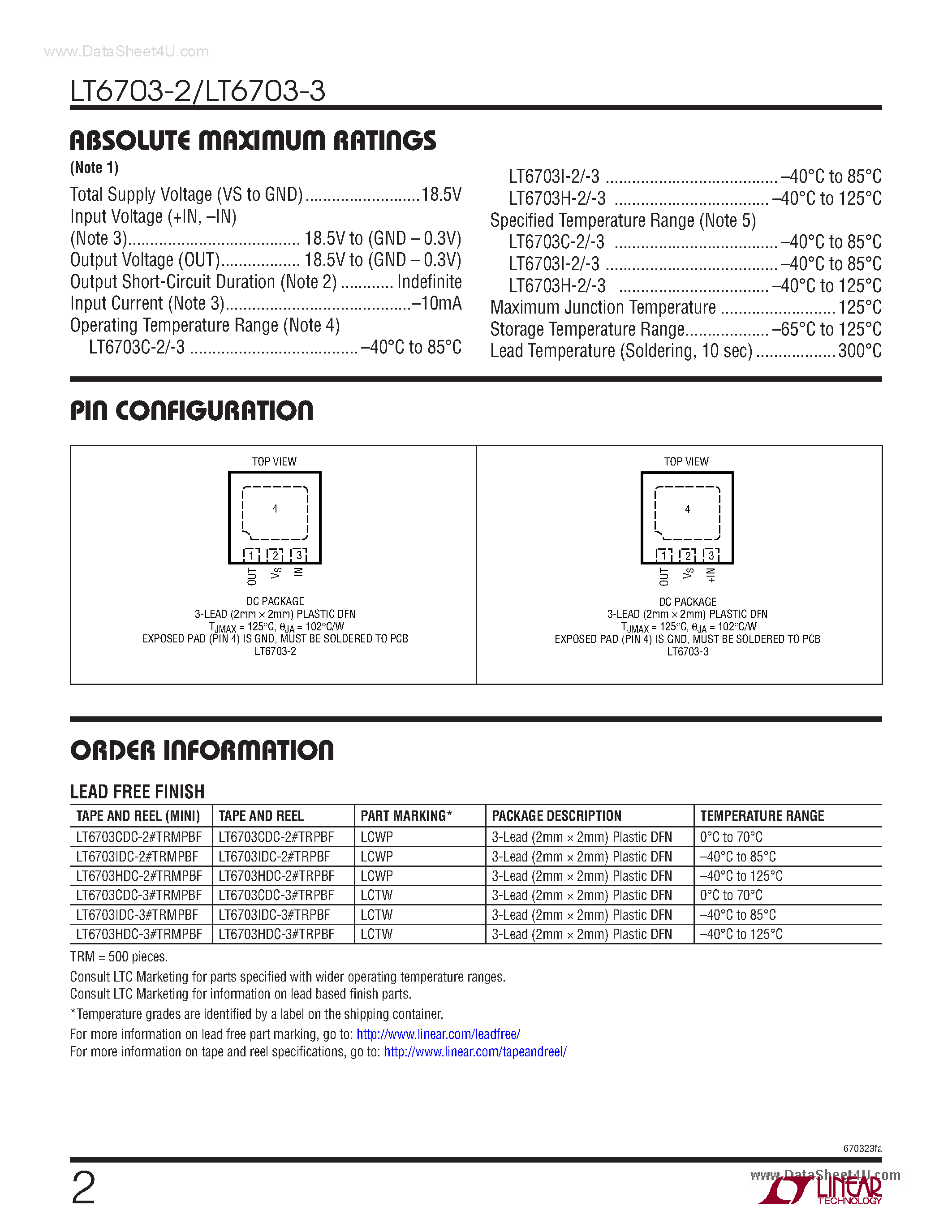 Даташит LT6703-2 - (LT6703-2/-3) Low Voltage Comparator страница 2