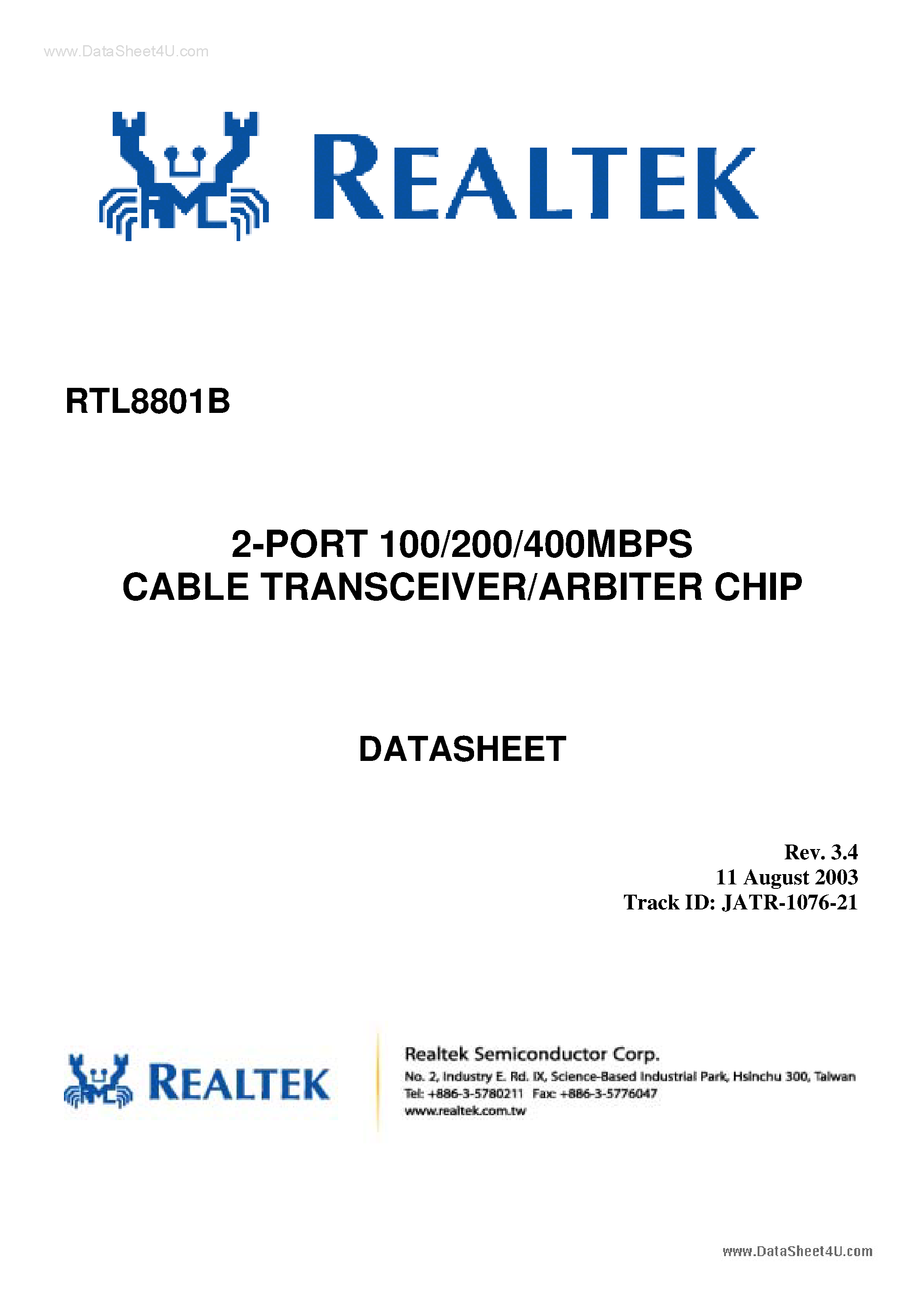 Даташит RTL8801B - 2-Port Cable Transceiver / Arbiter Chip страница 1