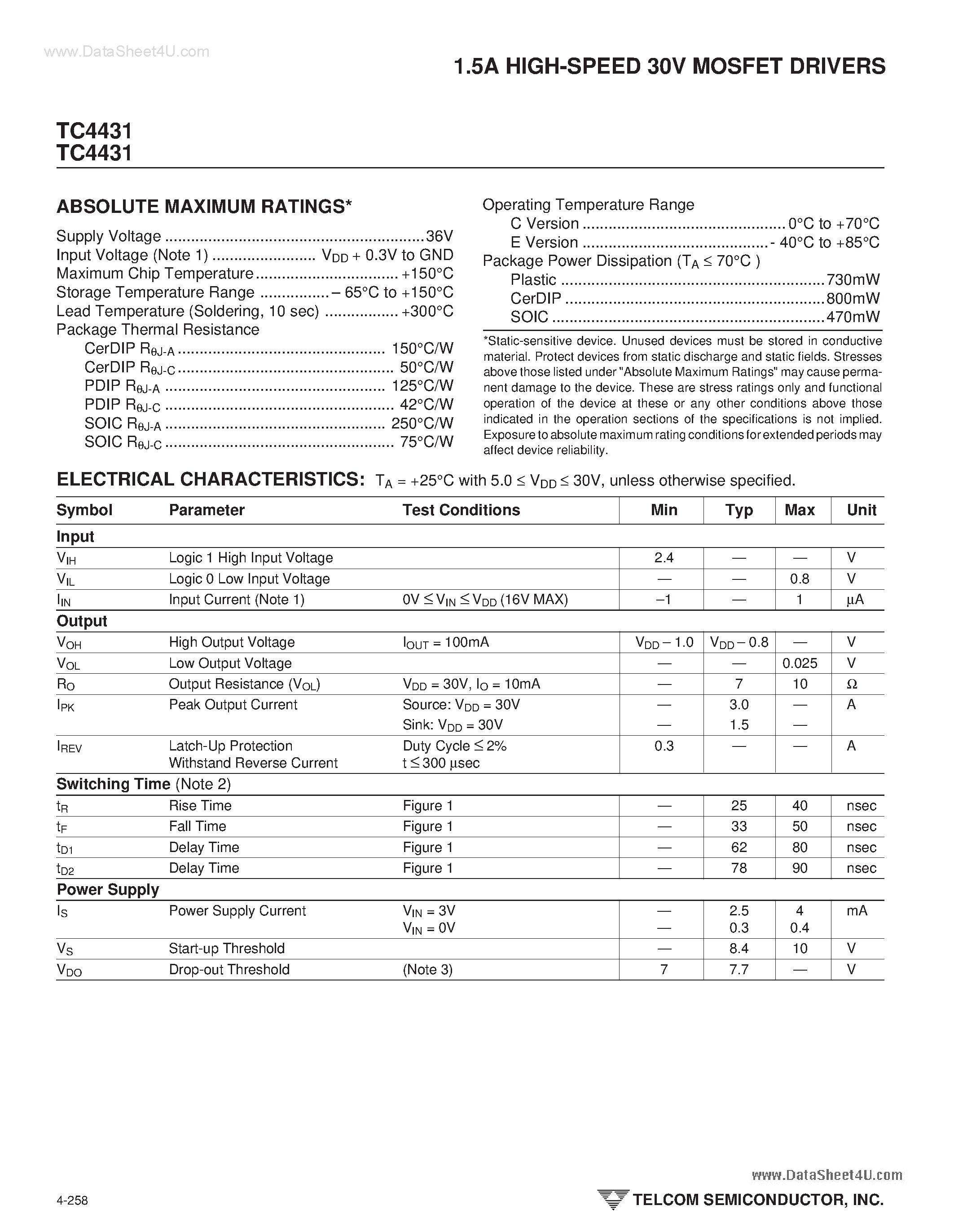 Даташит TC4431 - (TC4431 / TC4432) 1.5A HIGH-SPEED 30V MOSFET DRIVERS страница 2