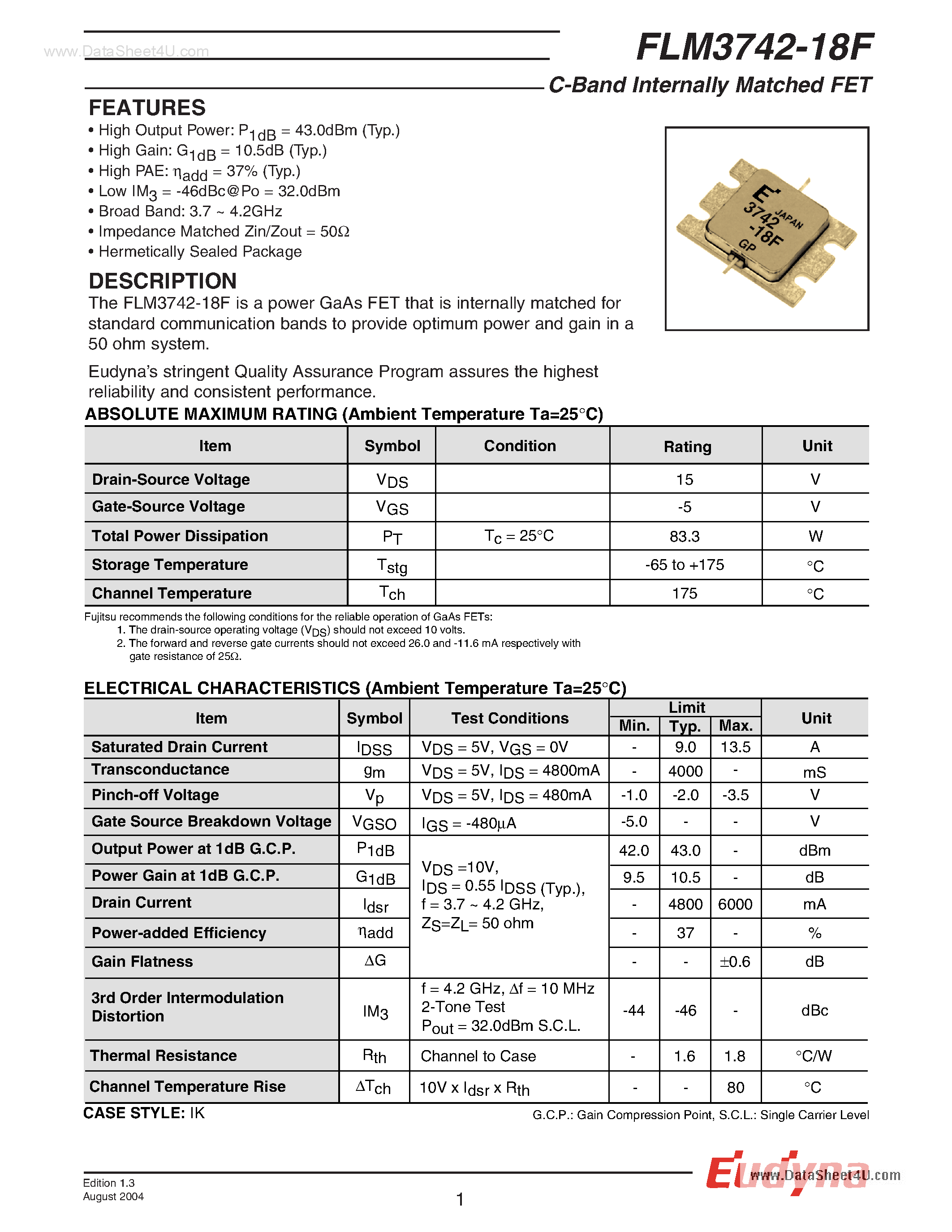 Datasheet FLM3742-18F - C-Band Internally Matched FET page 1