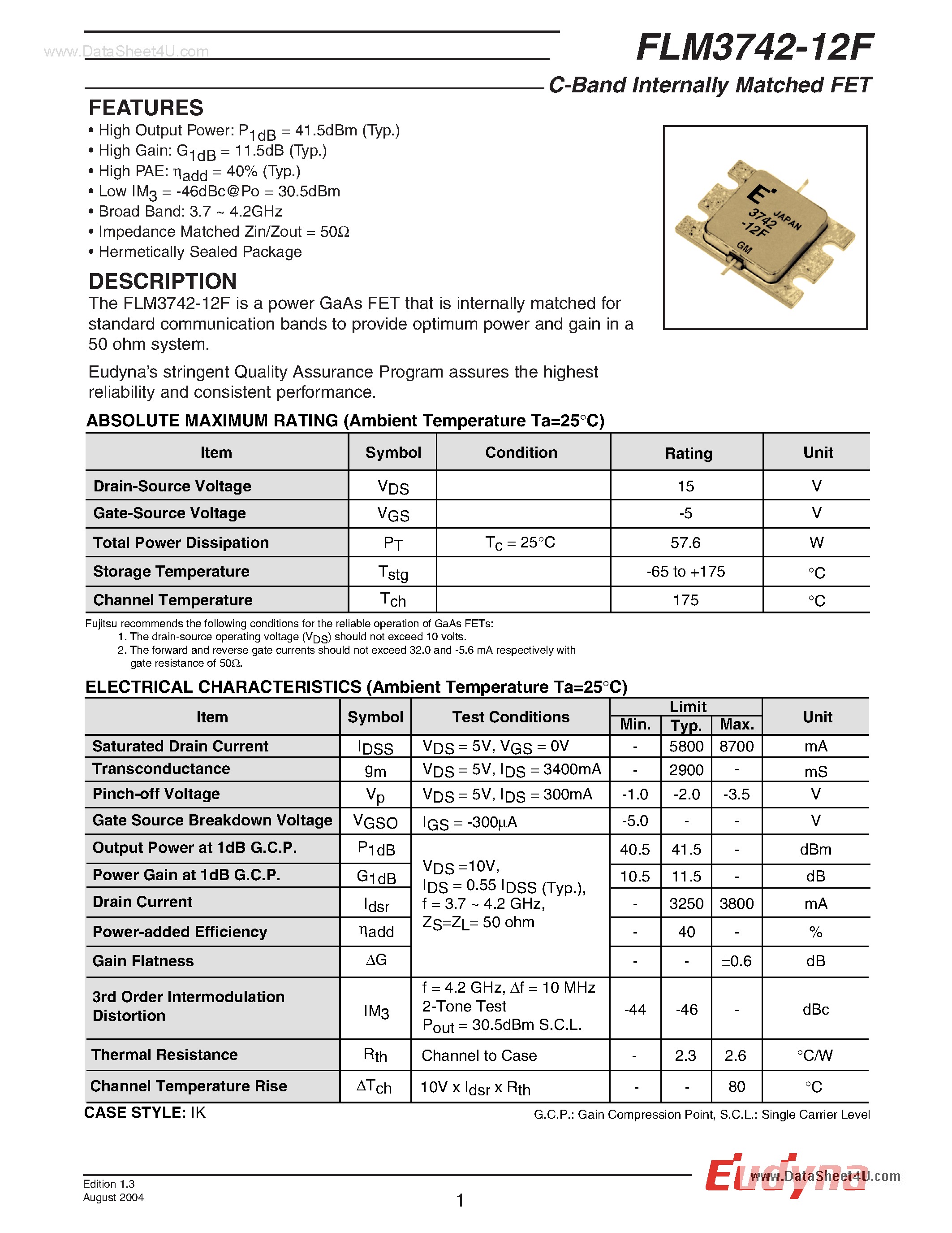 Datasheet FLM3742-12F - C-Band Internally Matched FET page 1