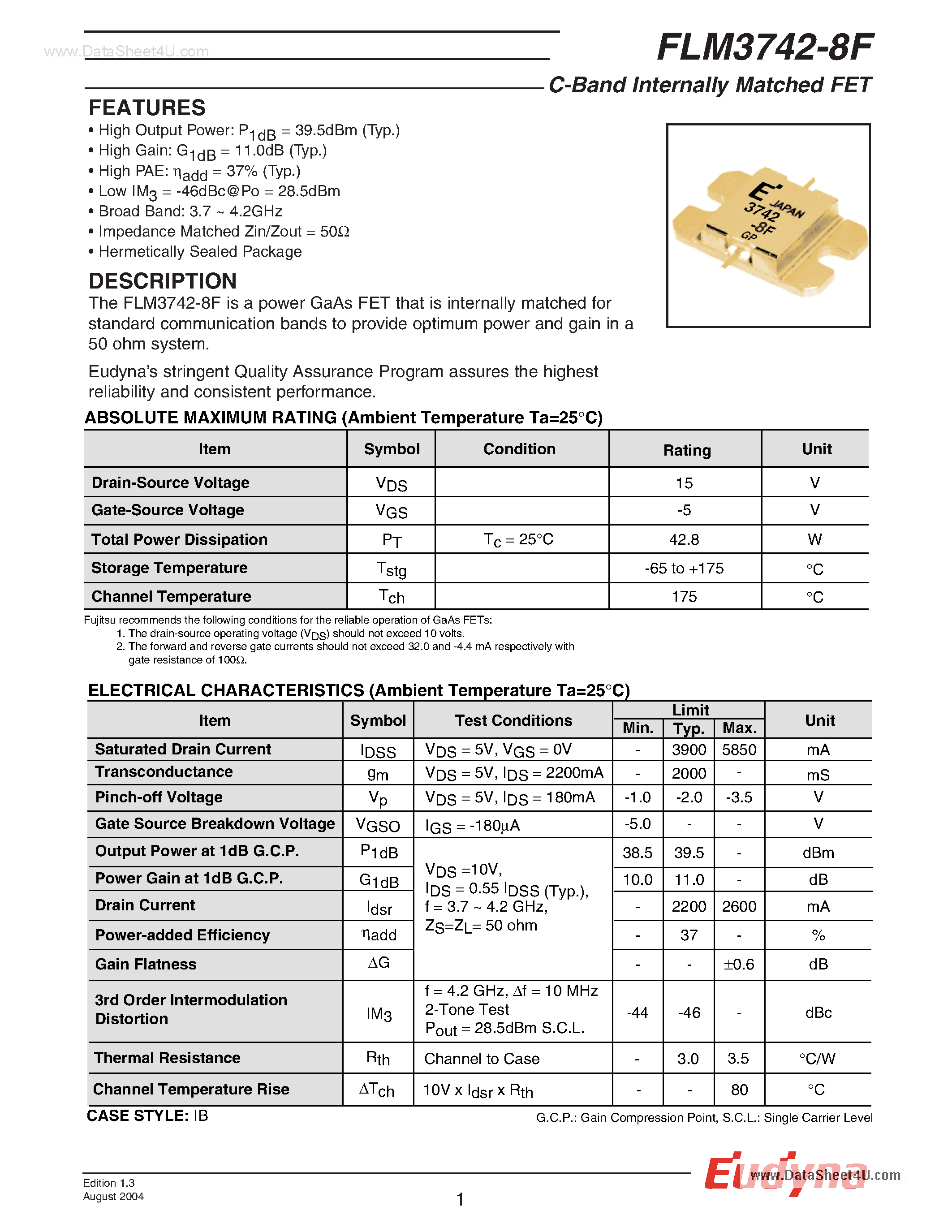 Datasheet FLM3742-8F - C-Band Internally Matched FET page 1