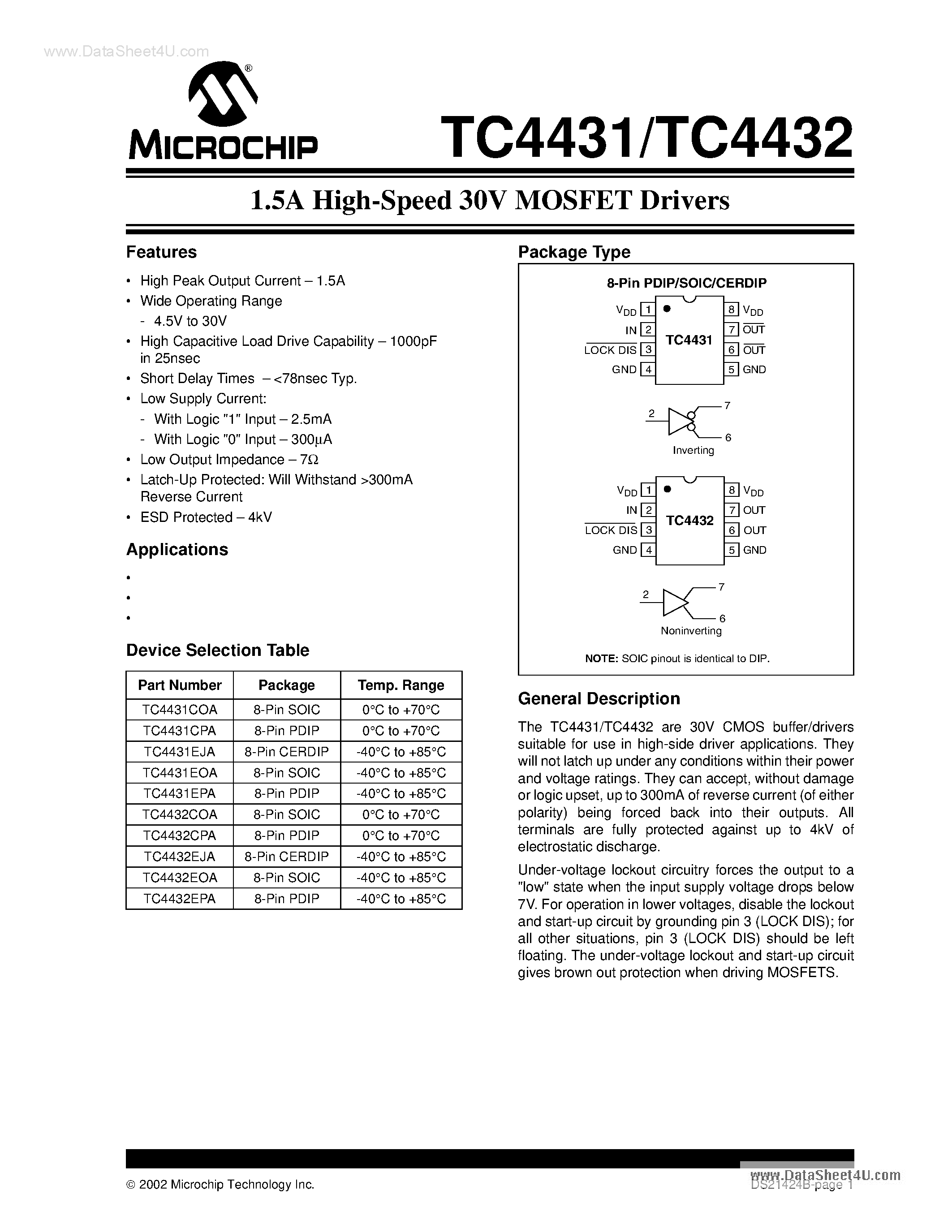 Даташит TC4431 - (TC4431 / TC4432) 1.5A High-Speed 30V MOSFET Drivers страница 1