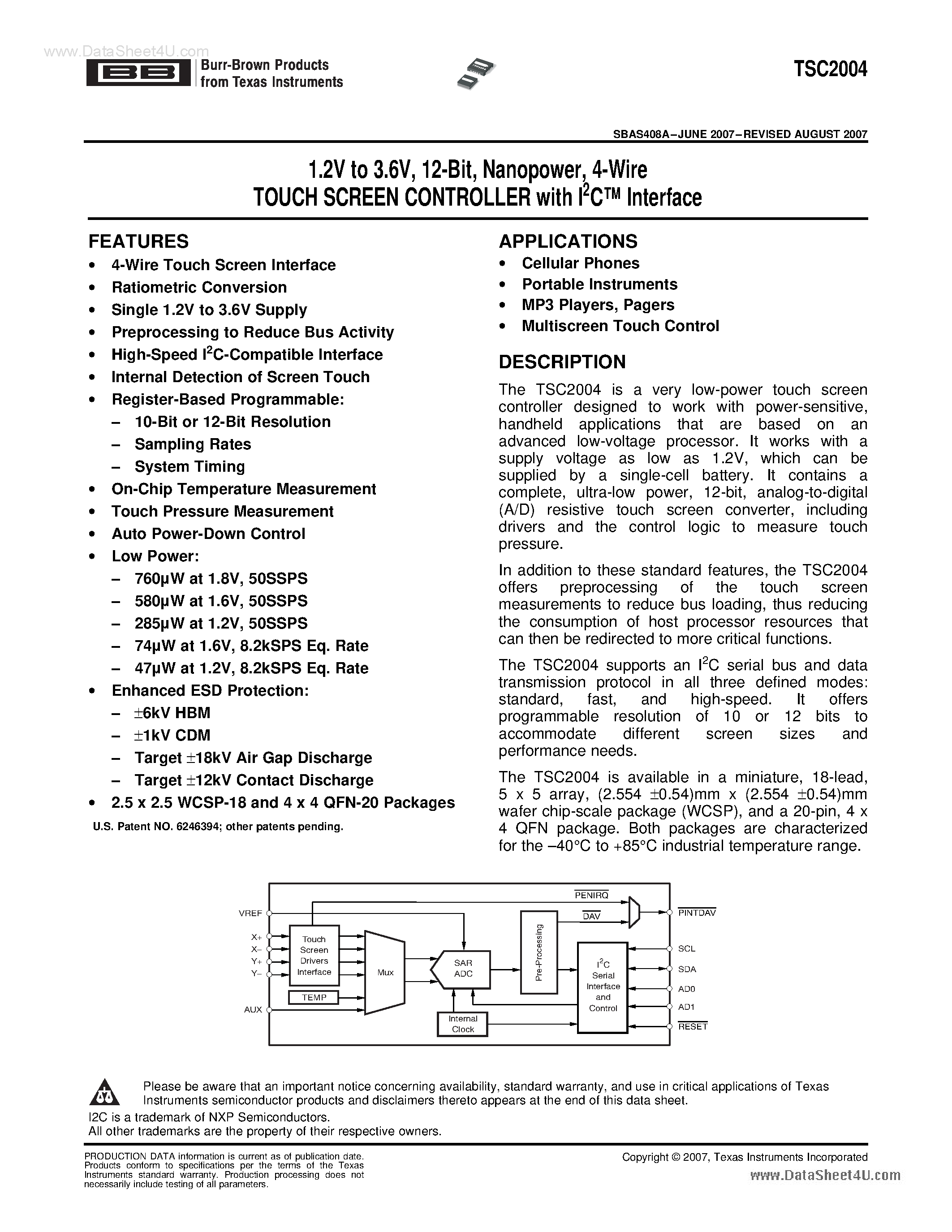 Datasheet TSC2004 - 4-Wire TOUCH SCREEN CONTROLLER page 1