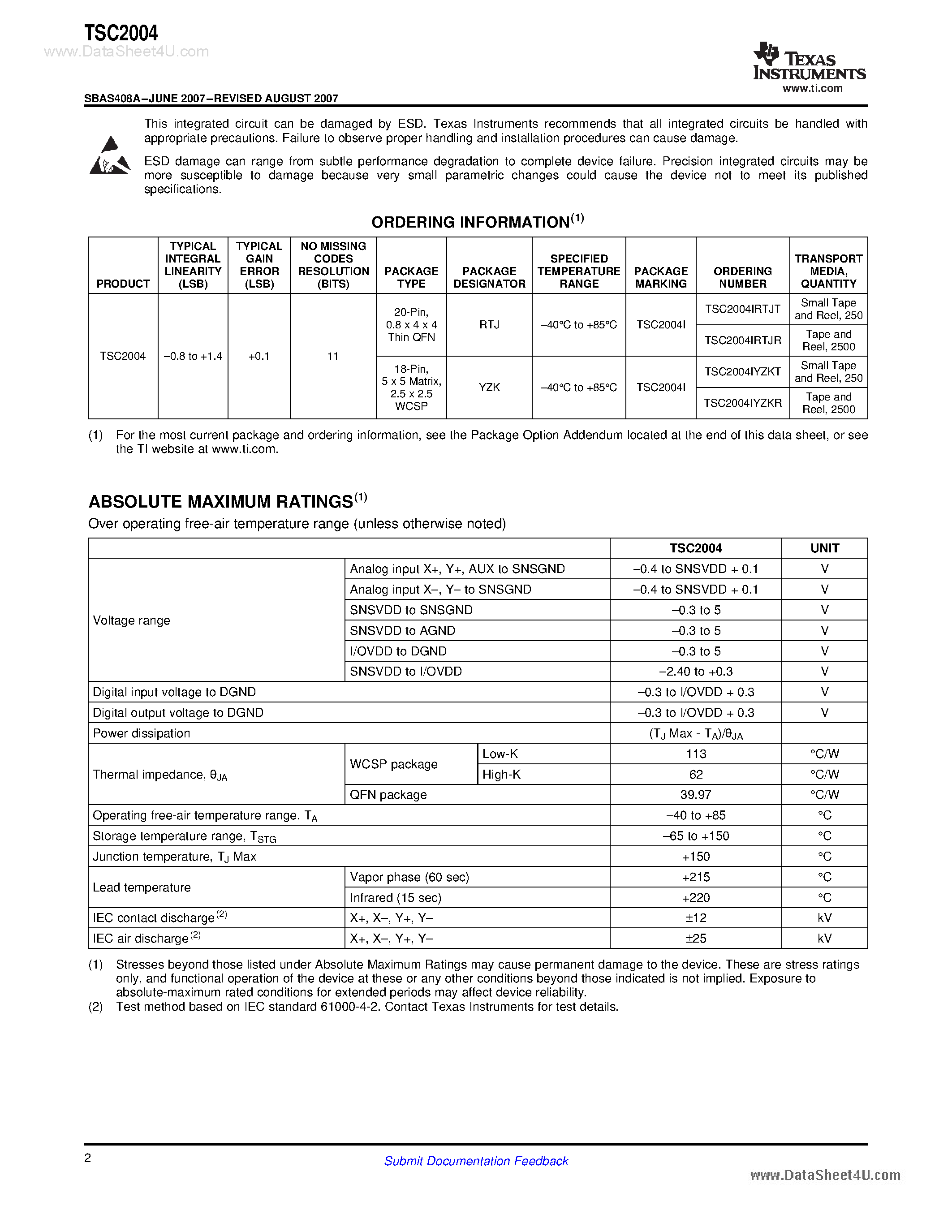 Datasheet TSC2004 - 4-Wire TOUCH SCREEN CONTROLLER page 2