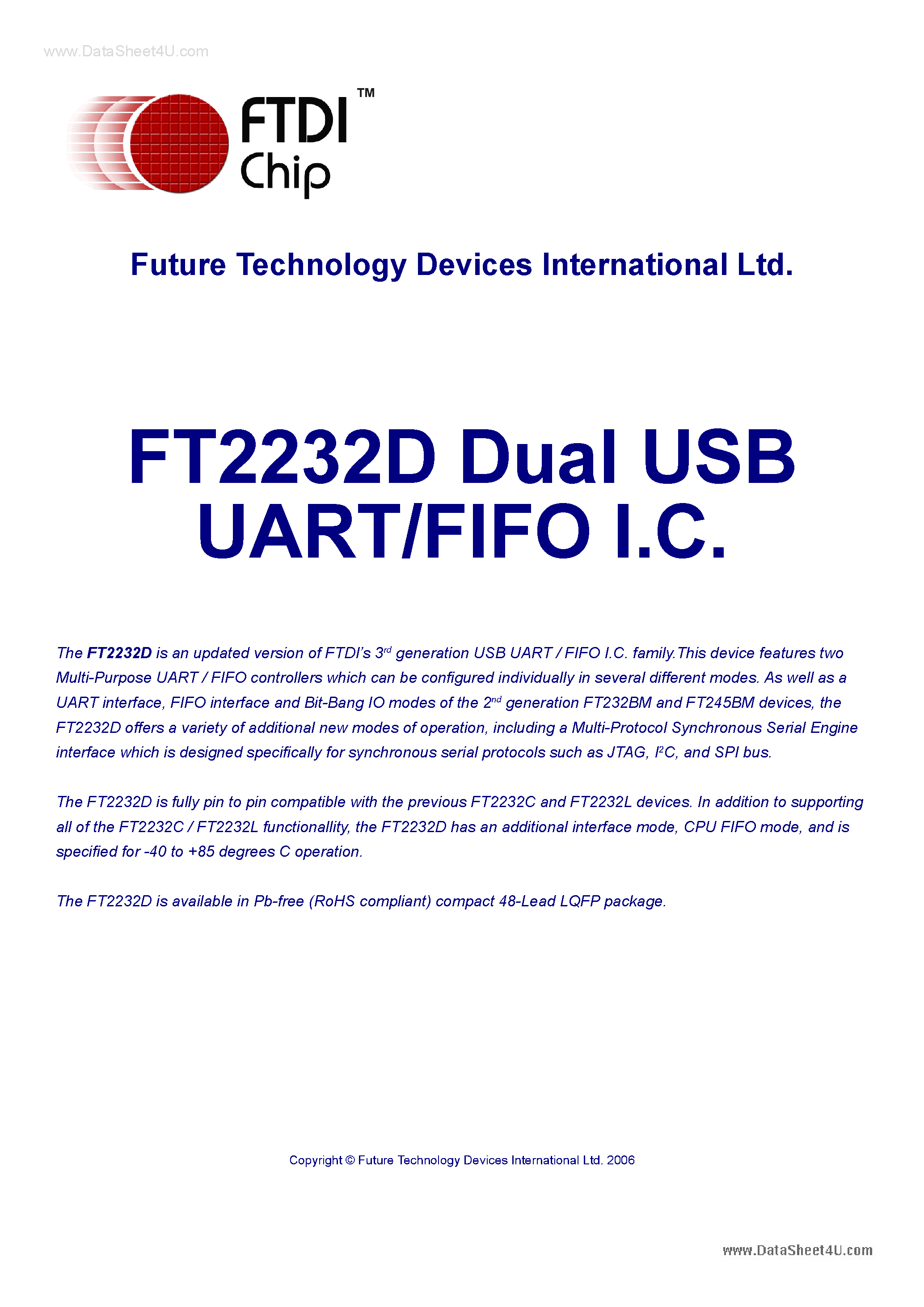 Datasheet FT2232D - Dual USB UART/FIFO I.C. page 1