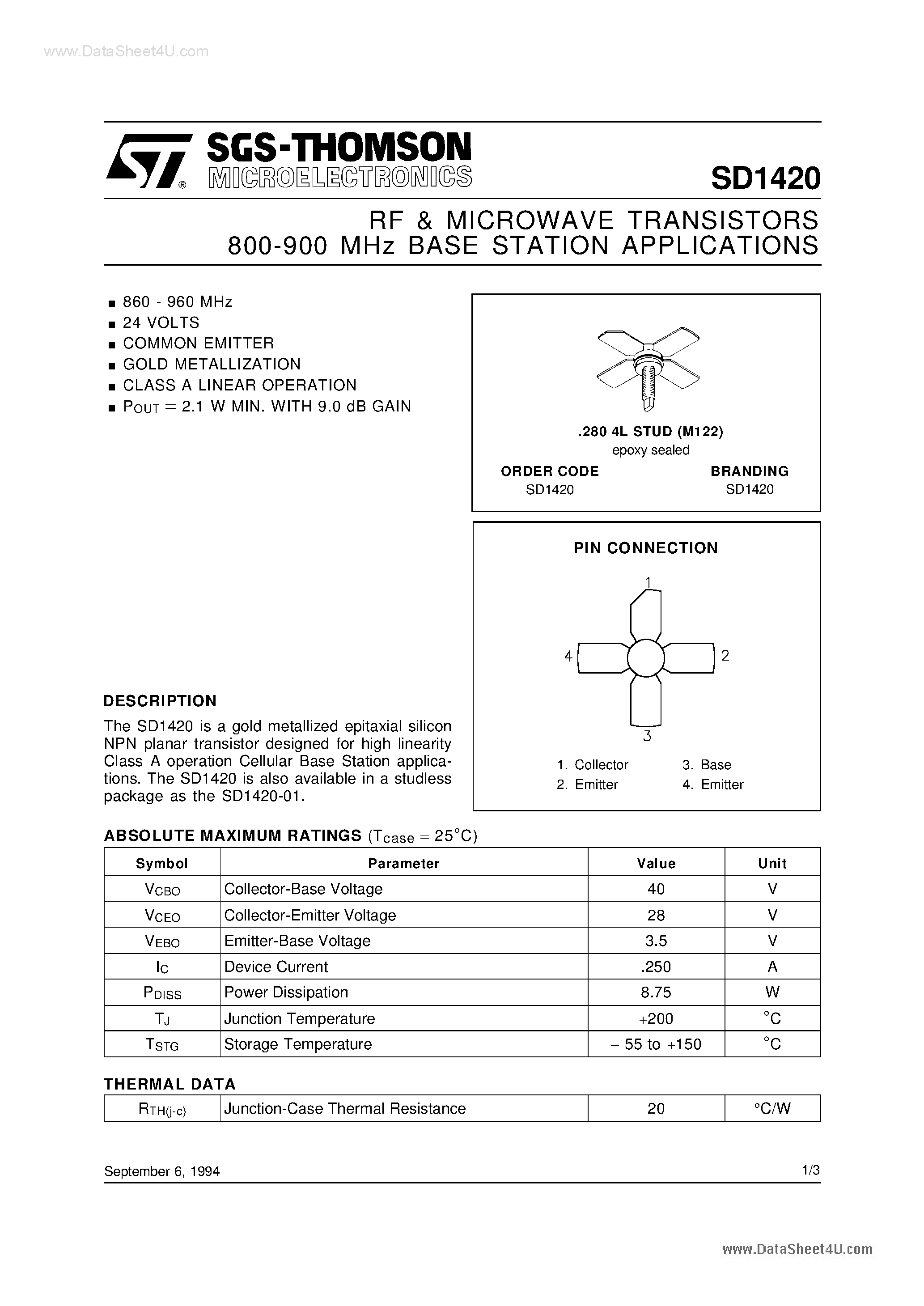 Datasheet SD1420 - RF & MICROWAVE TRANSISTORS page 1