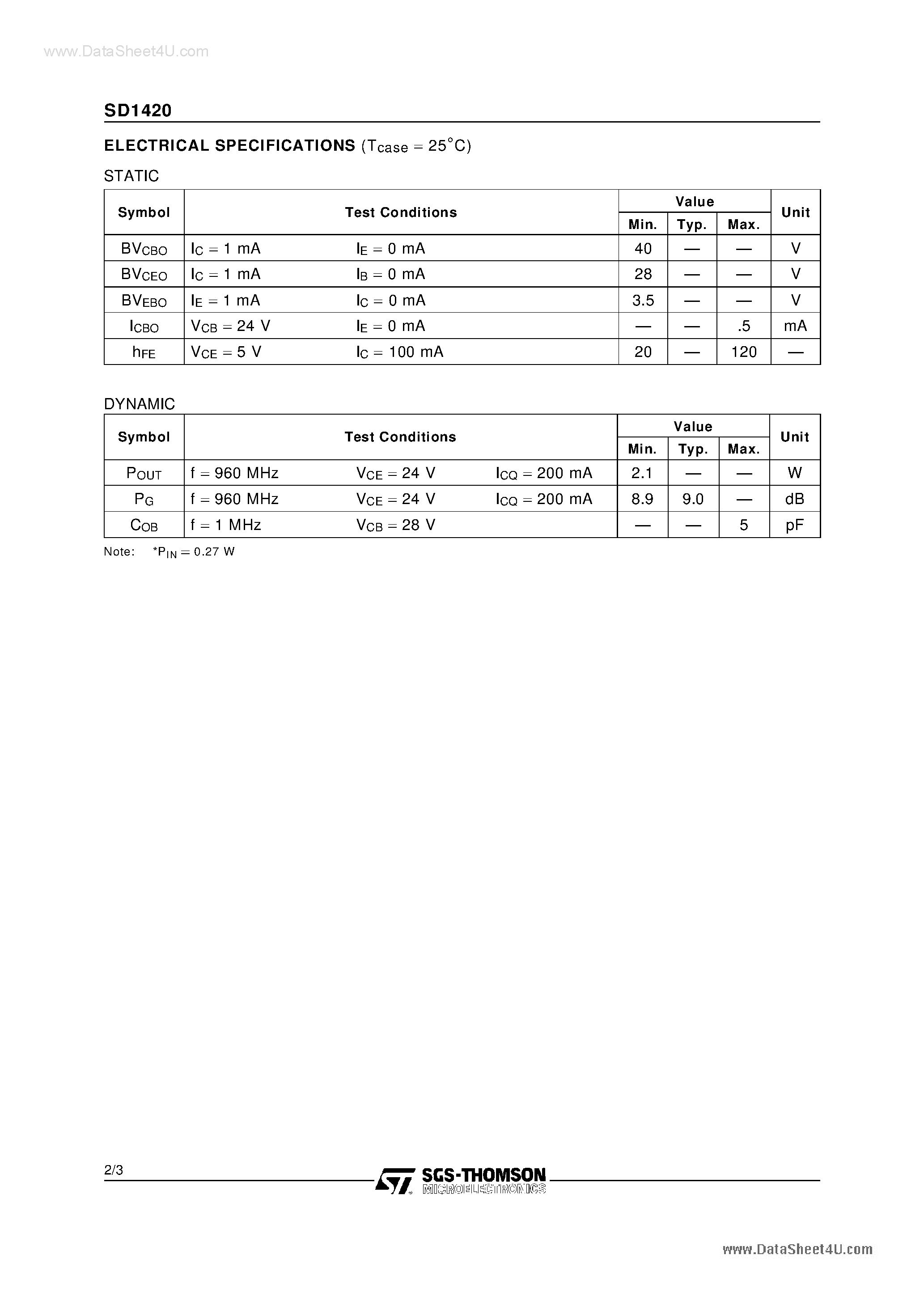 Datasheet SD1420 - RF & MICROWAVE TRANSISTORS page 2